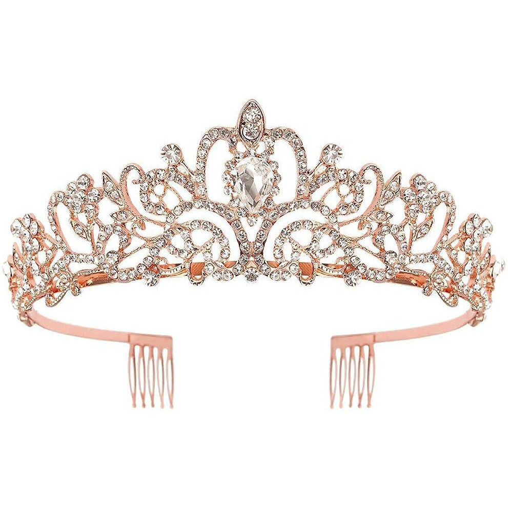 Shining Diva Fashion Crystal Tiara and Crown for Women Stylish Headband Crowns with Comb Tiaras for Girls Kids Queen Princess Wedding Bridal Birthday Gift Hair Accessories (Rose Gold) (15414hb)