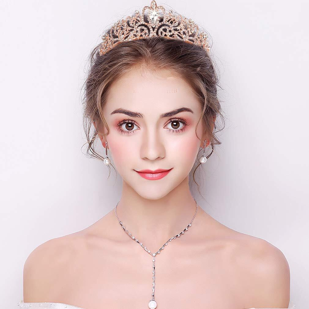 Shining Diva Fashion Crystal Tiara and Crown for Women Stylish Headband Crowns with Comb Tiaras for Girls Kids Queen Princess Wedding Bridal Birthday Gift Hair Accessories (Rose Gold) (15414hb)