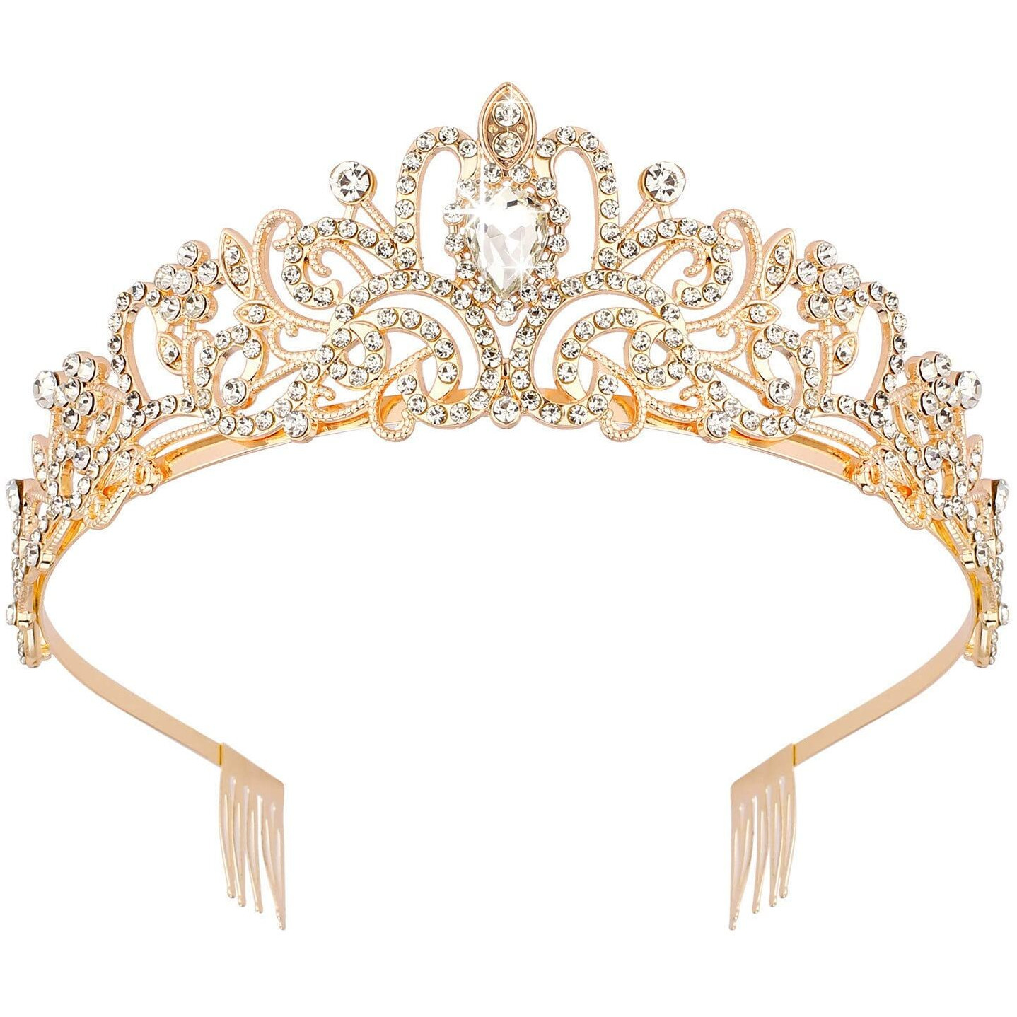 Shining Diva Fashion Crystal Tiara and Crown for Women Stylish Headband Crowns with Comb Tiaras for Girls Kids Queen Princess Wedding Bridal Birthday Gift Hair Accessories (Gold) (15413hb)