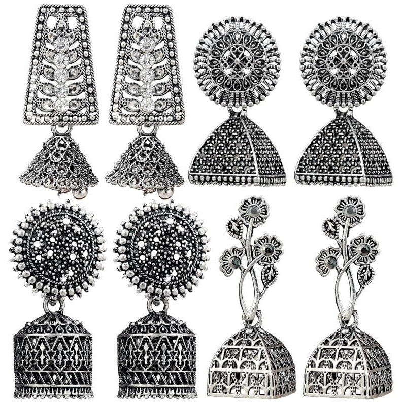 Fashion Frill Earrings For Women Silver Plated Jewellery Floral Earrings Combo Jhumka Jhumki Earrings For Women and Girls Pair of 4