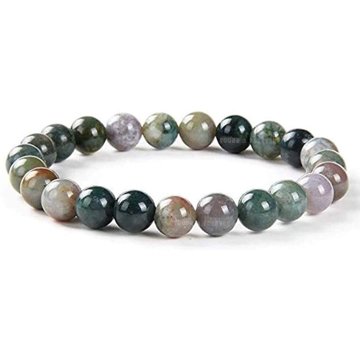 Young & Forever Gift Certified Reiki Crystal Semi Precious Gemstone Indian Agate Bracelet Growth and Abundance Energy Healing Stone Stretch Bracelet for Men and Women