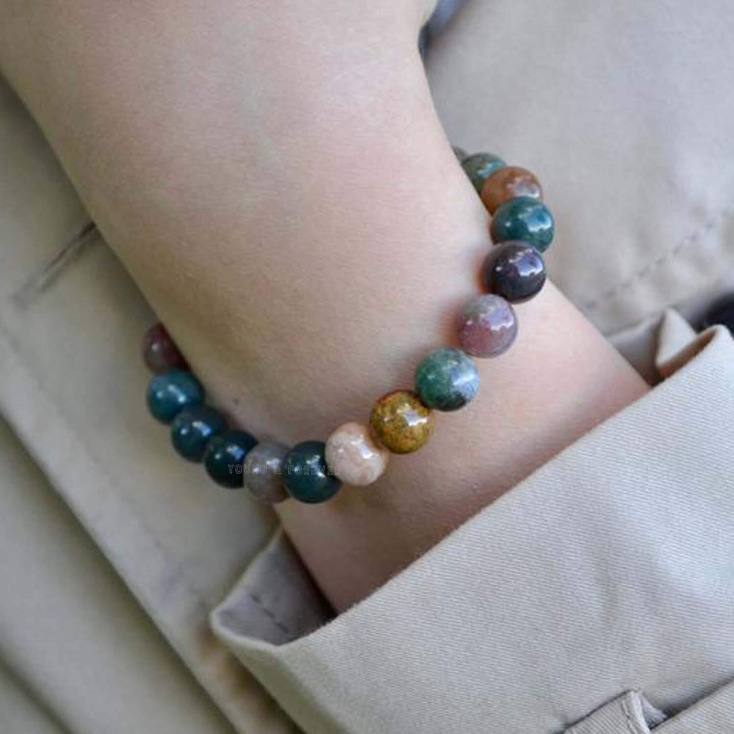 Young & Forever Gift Certified Reiki Crystal Semi Precious Gemstone Indian Agate Bracelet Growth and Abundance Energy Healing Stone Stretch Bracelet for Men and Women