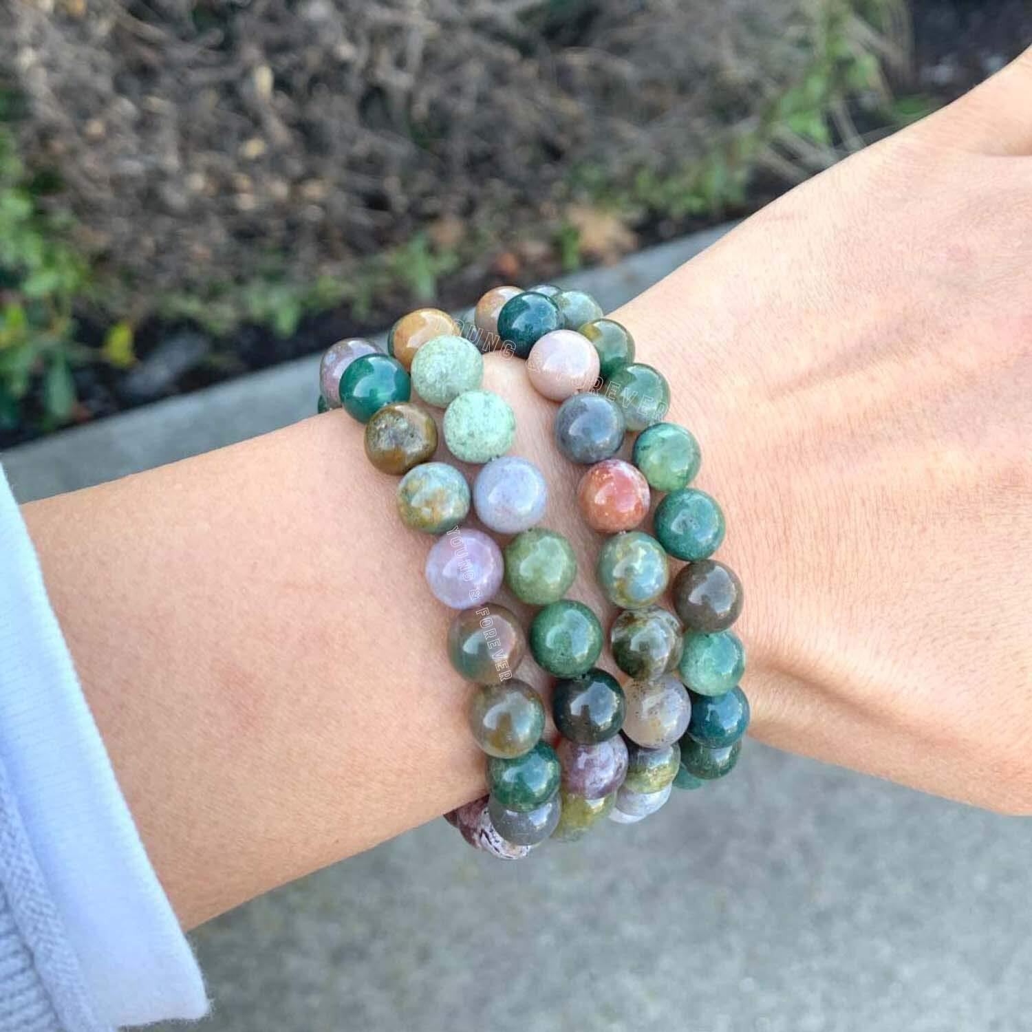 Young & Forever Gift Certified Reiki Crystal Semi Precious Gemstone Indian Agate Bracelet Growth and Abundance Energy Healing Stone Stretch Bracelet for Men and Women