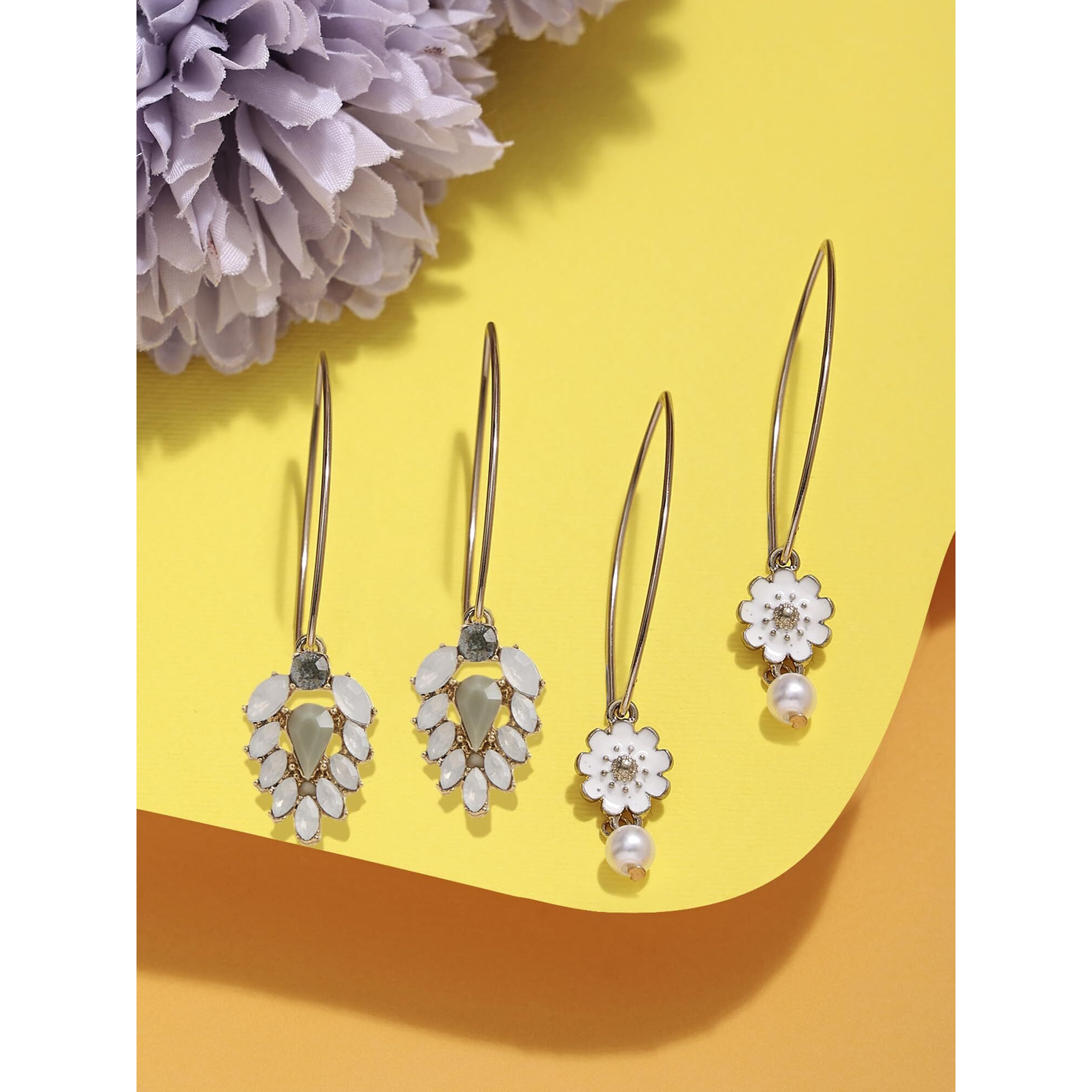 Zaveri Pearls Set Of 2 White Tiny Enamel Flower Contemporary Drop Earring For Women-ZPFK16883
