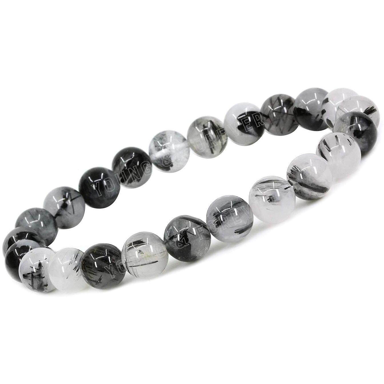 Young & Forever Gift Certified Reiki Crystal Semi Precious Gemstone Black Rutile strengthen Willpower and Motivation Energy Healing Stone Stretch Bracelet for Men Women