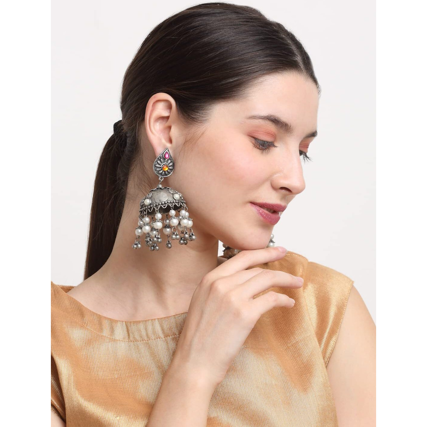YouBella Jewellery Celebrity Inspired Oxidised Silver Big Size Jhumki Earrings for Girls and Women (Style 3)