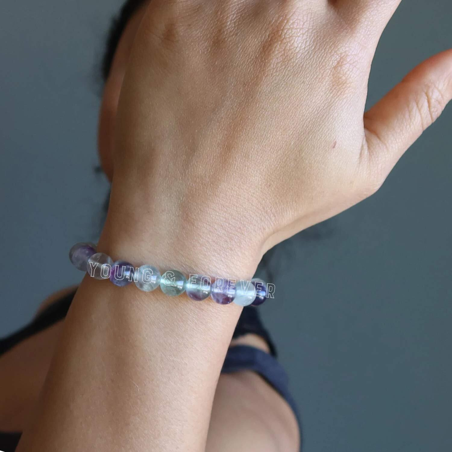 Young & Forever Gift DVine Reiki Crystal Semi Precious Gemstone Multi Fluorite Bracelet Connection and Memory Energy Healing Stone Stretch Bracelet for Men and Women