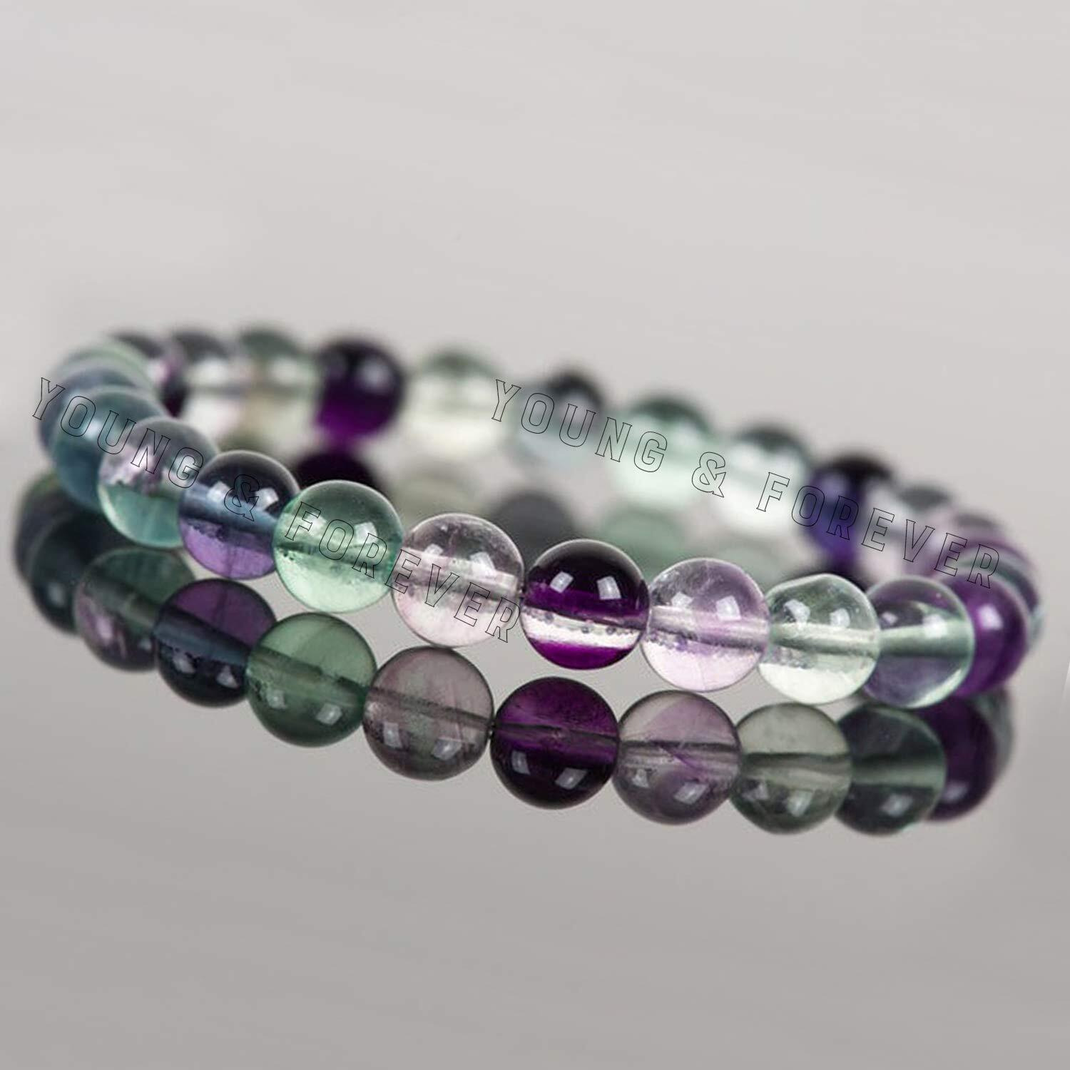 Young & Forever Gift DVine Reiki Crystal Semi Precious Gemstone Multi Fluorite Bracelet Connection and Memory Energy Healing Stone Stretch Bracelet for Men and Women