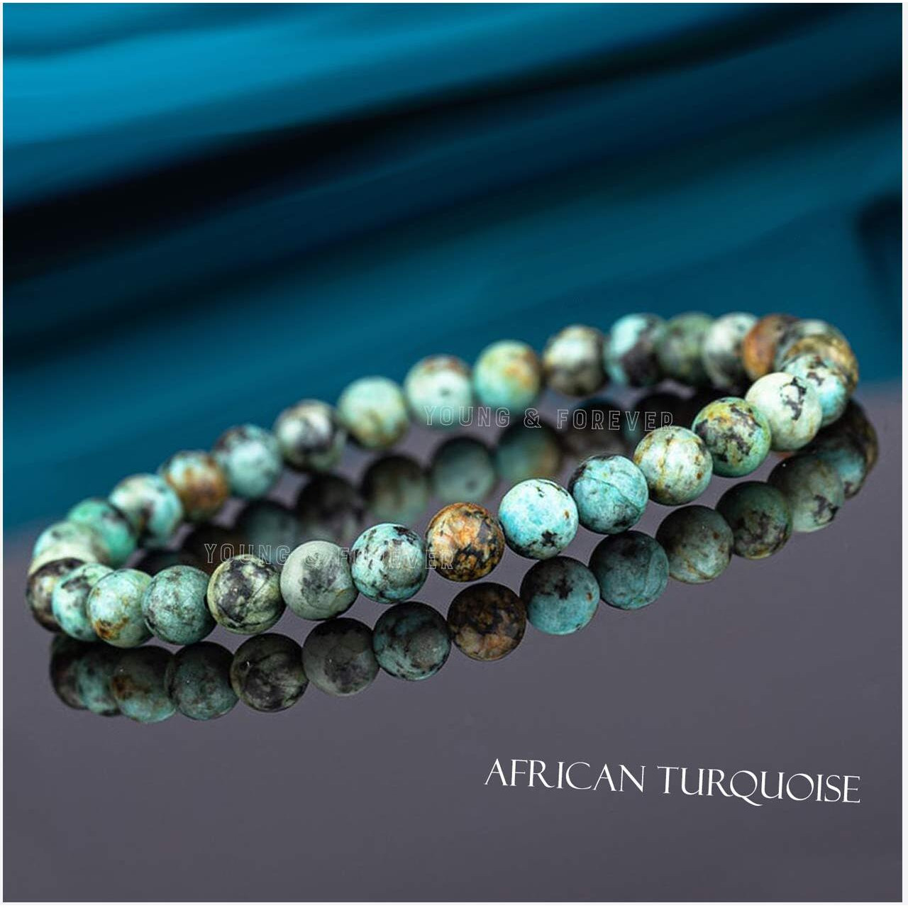Young & Forever Gift Certified Reiki Crystal Semi Precious Gemstone African Turquoise Bracelet for Growth and Development Healing Stone Stretch Bracelet for Men and Women
