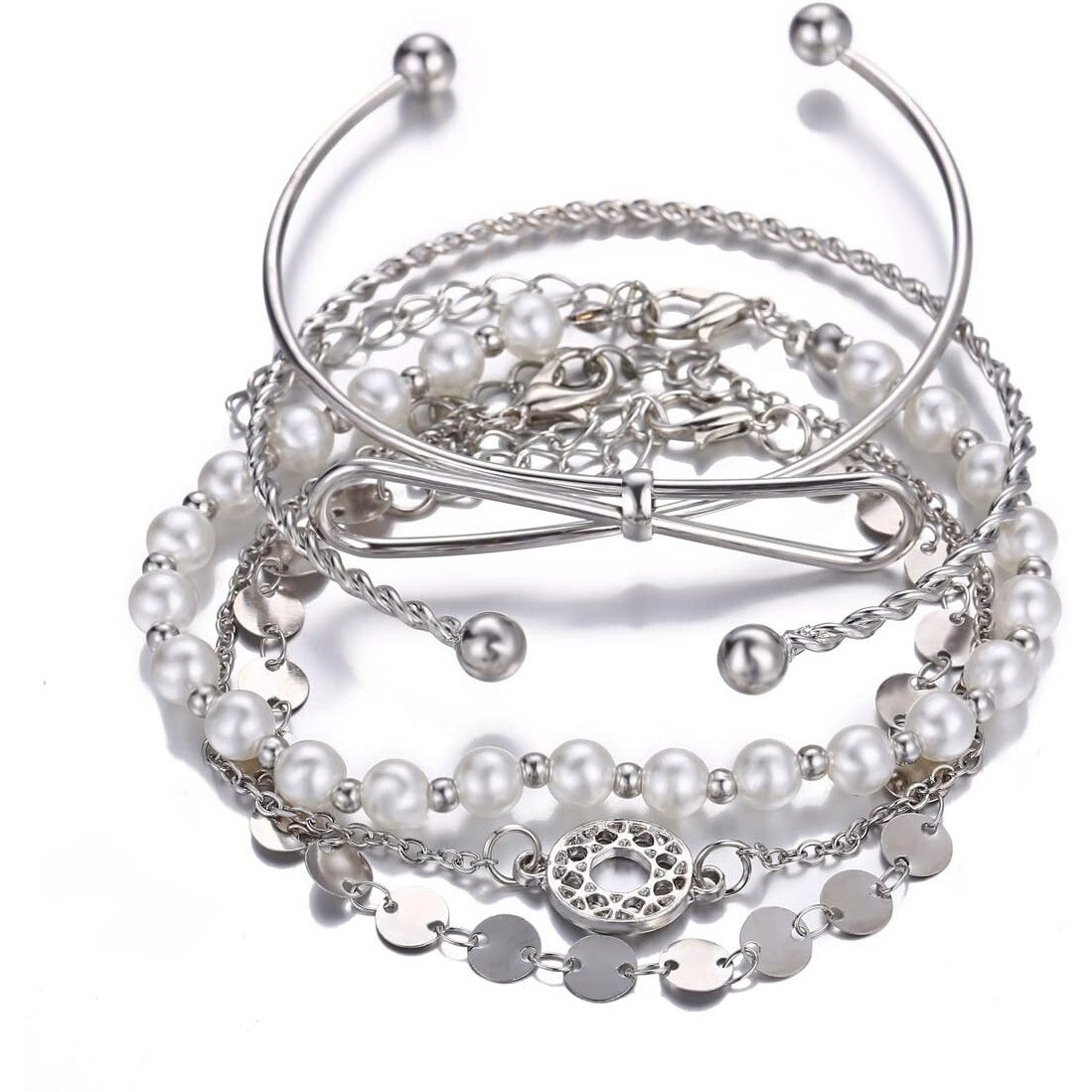 Shining Diva Fashion Latest Stylish Multilayer Silver Plated Bangle Bracelet for Women and Girls (12800b)(Set of 5)
