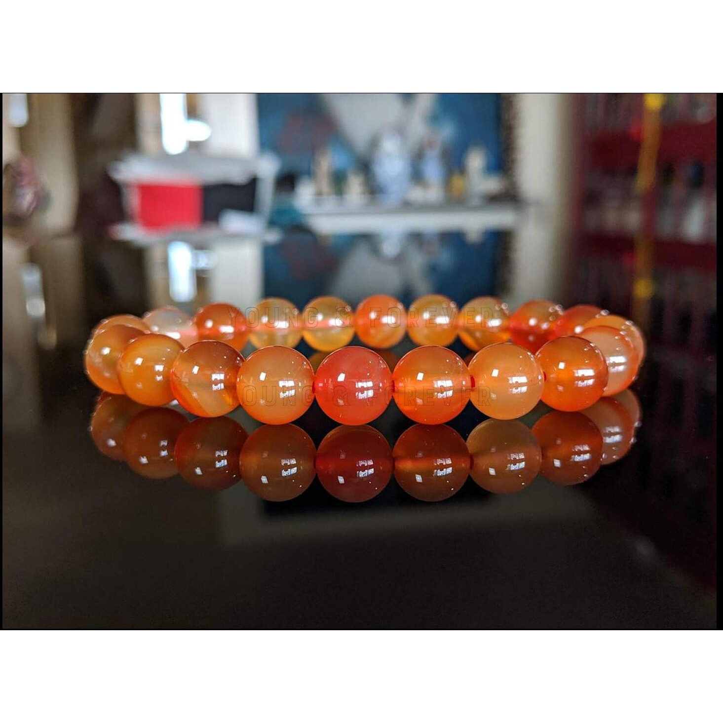 Young & Forever Gift Certified Reiki Crystal Semi Precious Gemstone Natural Carnelian Bracelet for Healing Natural Stone Stretch Bracelet for Men and Women
