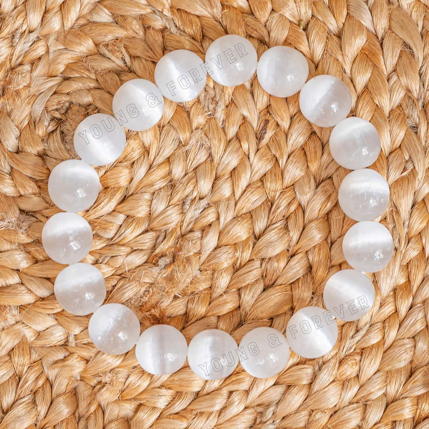 Young & Forever Gift Reiki Crystal Semi Precious Gemstone Selenite Bracelet for Cleansing and Purification Healing Stone Stretch Bracelet for Men and Women