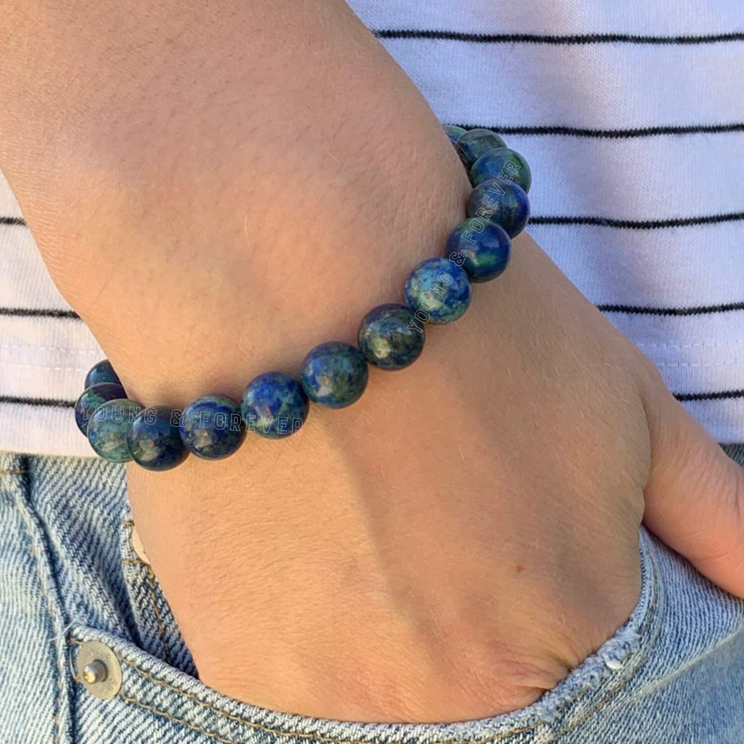 Young & Forever Gift Certified Reiki Crystal Semi Precious Gemstone Azurite Bracelet Clarity and Warrior Spirit Energy Healing Stone Stretch Bracelet for Men and Women