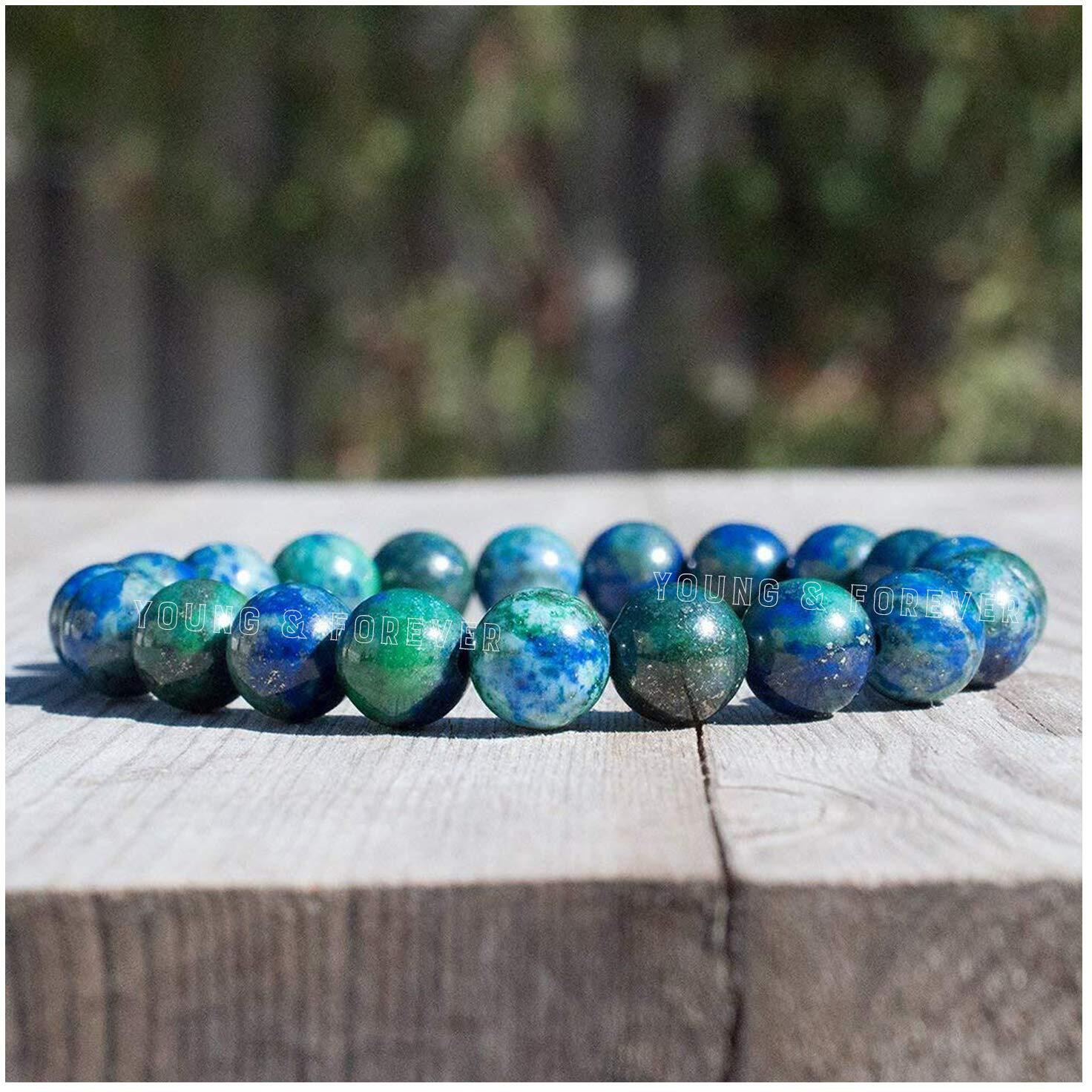 Young & Forever Gift Certified Reiki Crystal Semi Precious Gemstone Azurite Bracelet Clarity and Warrior Spirit Energy Healing Stone Stretch Bracelet for Men and Women
