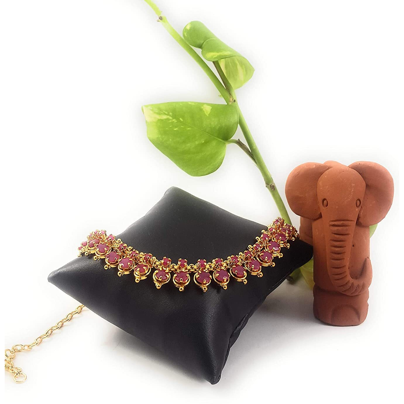 SUKRA GOLD 1 Gram Micro Copper & Gold Plated Traditional Designer Jade Fashion Jewellery Stone Golden Necklace for Women (DAT/HALL-02) (Yellow)