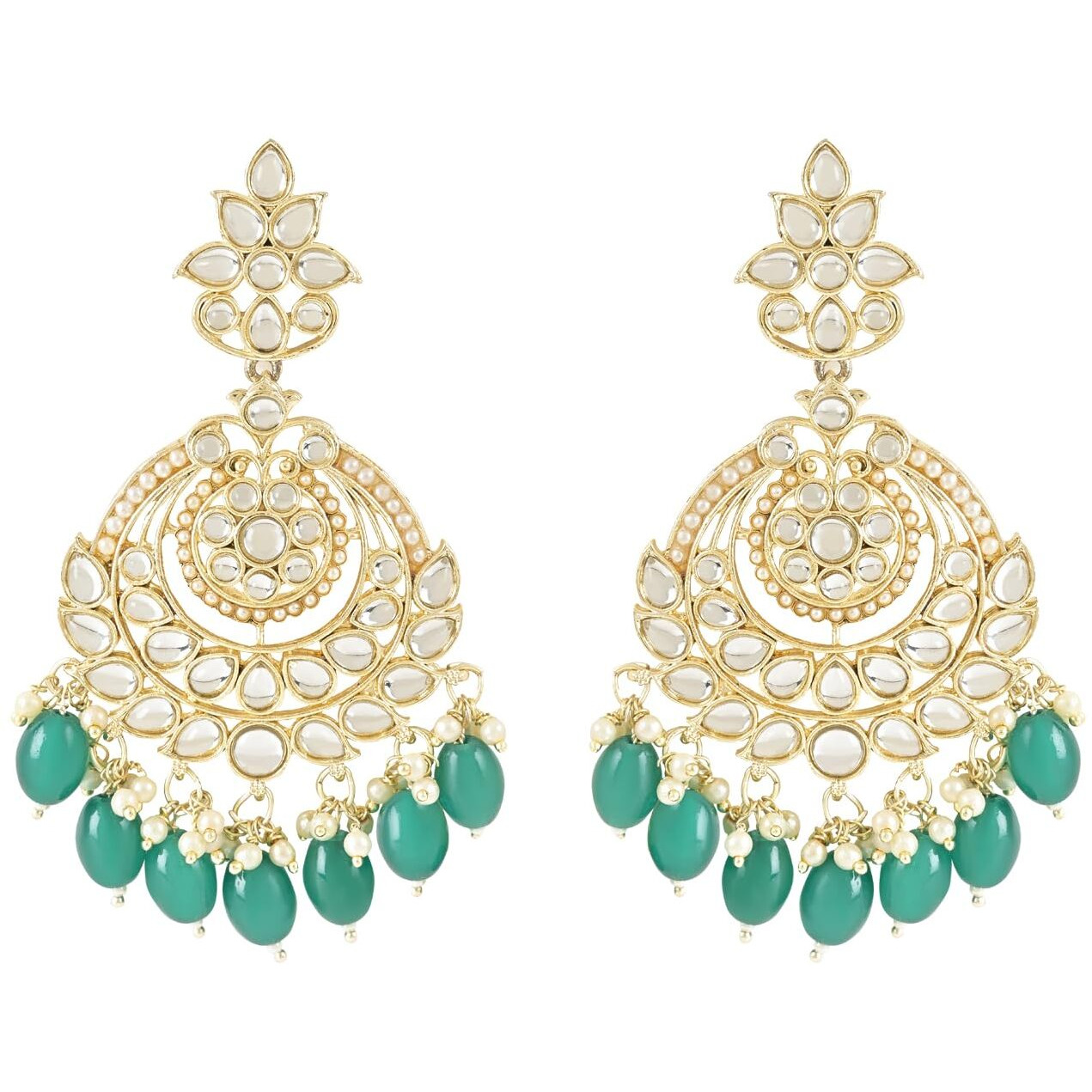 I Jewels 18K Gold Plated Traditional Handcrafted Pearl Kundan Beaded Earrings for Women/Girls (E3020Sb) (Green)