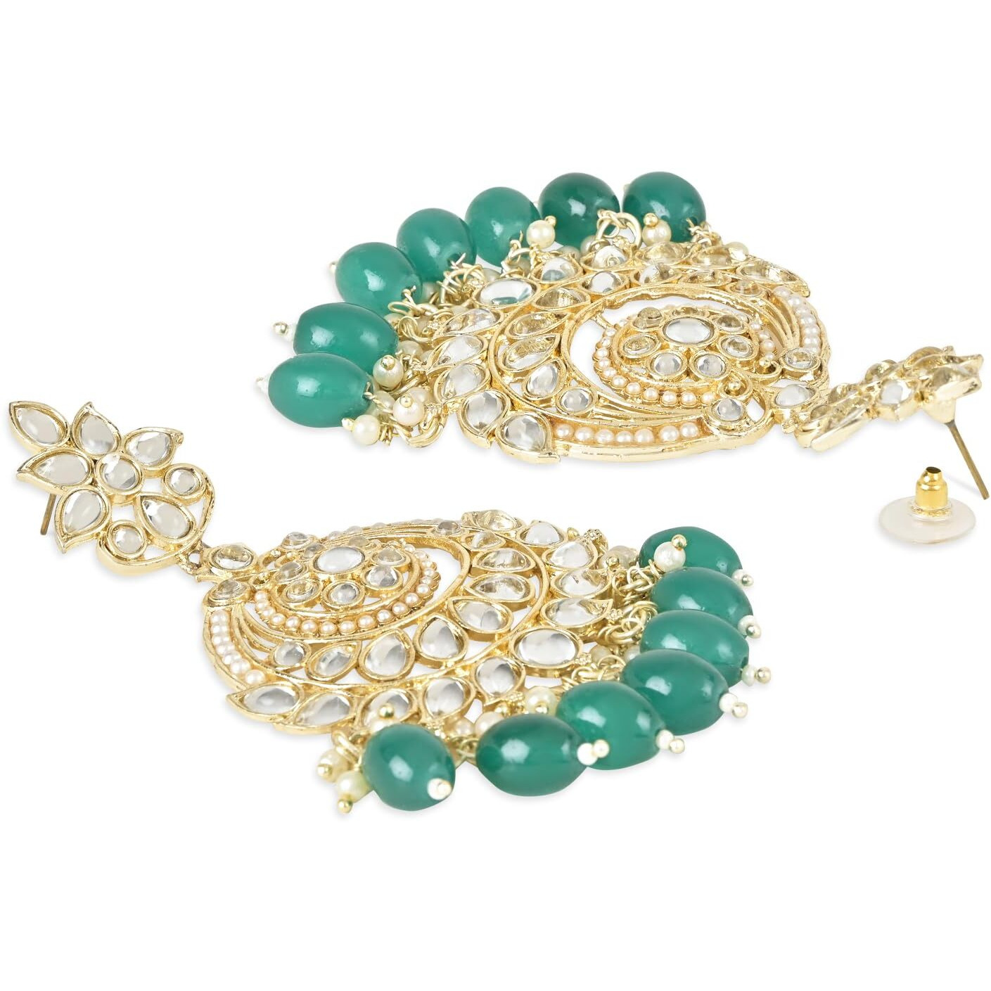 I Jewels 18K Gold Plated Traditional Handcrafted Pearl Kundan Beaded Earrings for Women/Girls (E3020Sb) (Green)