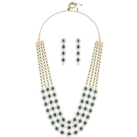 ZAVERI PEARLS Green Multi Layered Austrian Diamonds Artificial Stones & Beads Embellished Bridal Necklace & Earring Set For Women-ZPFK16923
