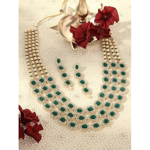 ZAVERI PEARLS Green Multi Layered Austrian Diamonds Artificial Stones & Beads Embellished Bridal Necklace & Earring Set For Women-ZPFK16923