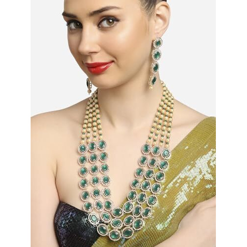 ZAVERI PEARLS Green Multi Layered Austrian Diamonds Artificial Stones & Beads Embellished Bridal Necklace & Earring Set For Women-ZPFK16923