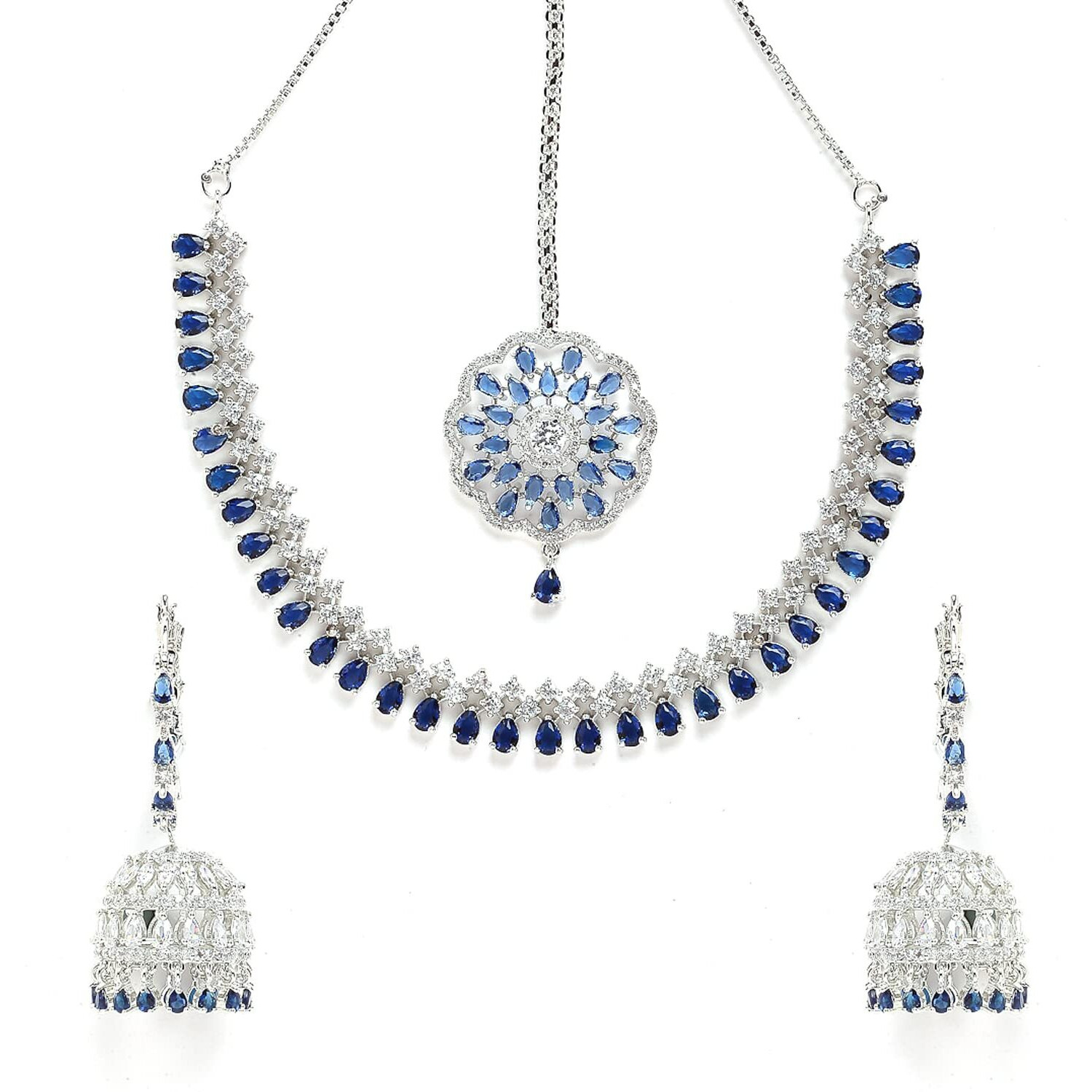 ZENEME Jewellery Sparkling American Diamond Collar Necklace with Designer Jhumka/Jhumki Earrings Maang Tikka for Women and Girls (Blue)