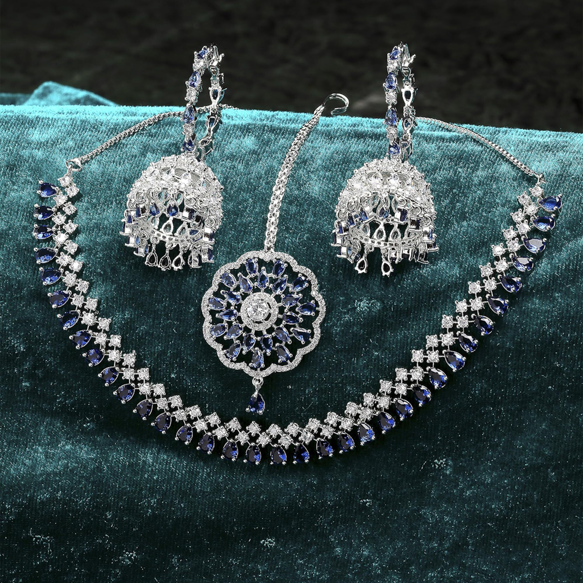 ZENEME Jewellery Sparkling American Diamond Collar Necklace with Designer Jhumka/Jhumki Earrings Maang Tikka for Women and Girls (Blue)