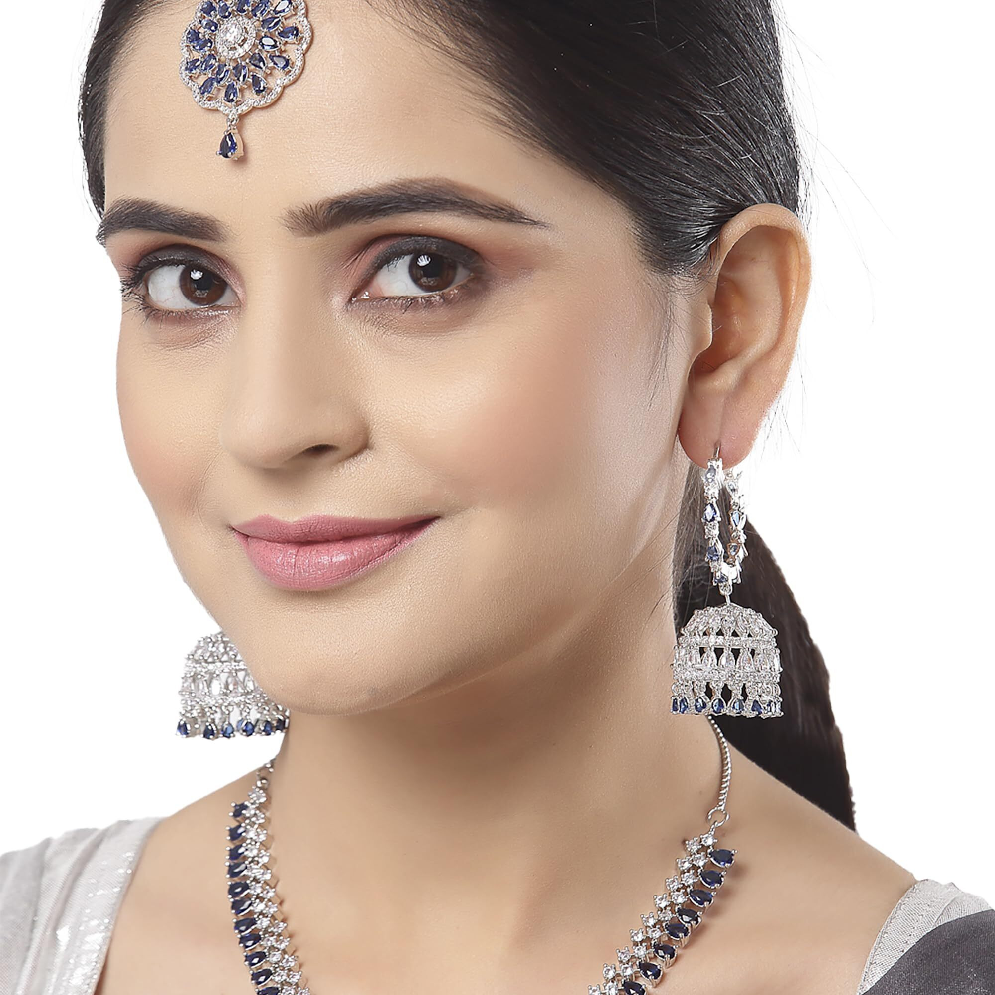 ZENEME Jewellery Sparkling American Diamond Collar Necklace with Designer Jhumka/Jhumki Earrings Maang Tikka for Women and Girls (Blue)