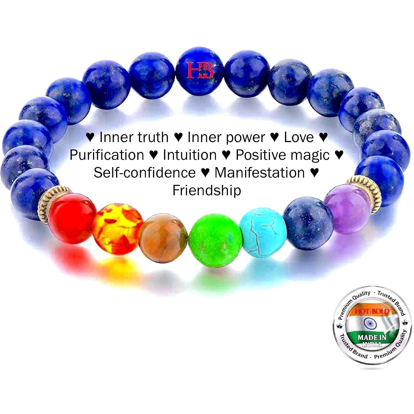 Hot And Bold 7 Chakra Triple Protection Bracelet Natural Stones With Certificate Of Authenticity For Unisex Adult (Lapis Lazuli 7 Chakra Bracelet)