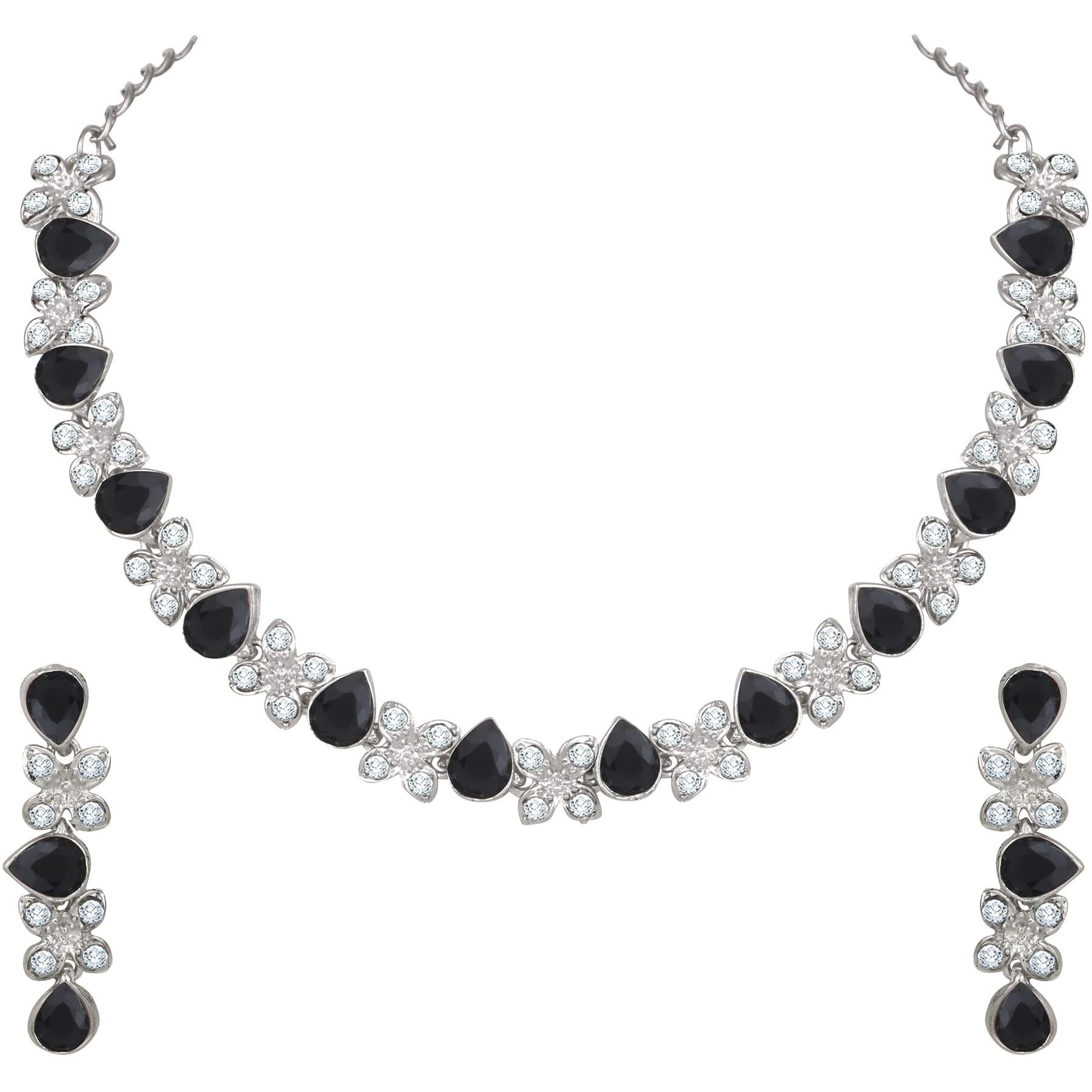 Atasi International Princess Style Silver Plated Black AD Crystals/Stones Necklace with Earrings Jewellery Set for Women/Girls - Wedding Jewelry/Party & Festival Accessories