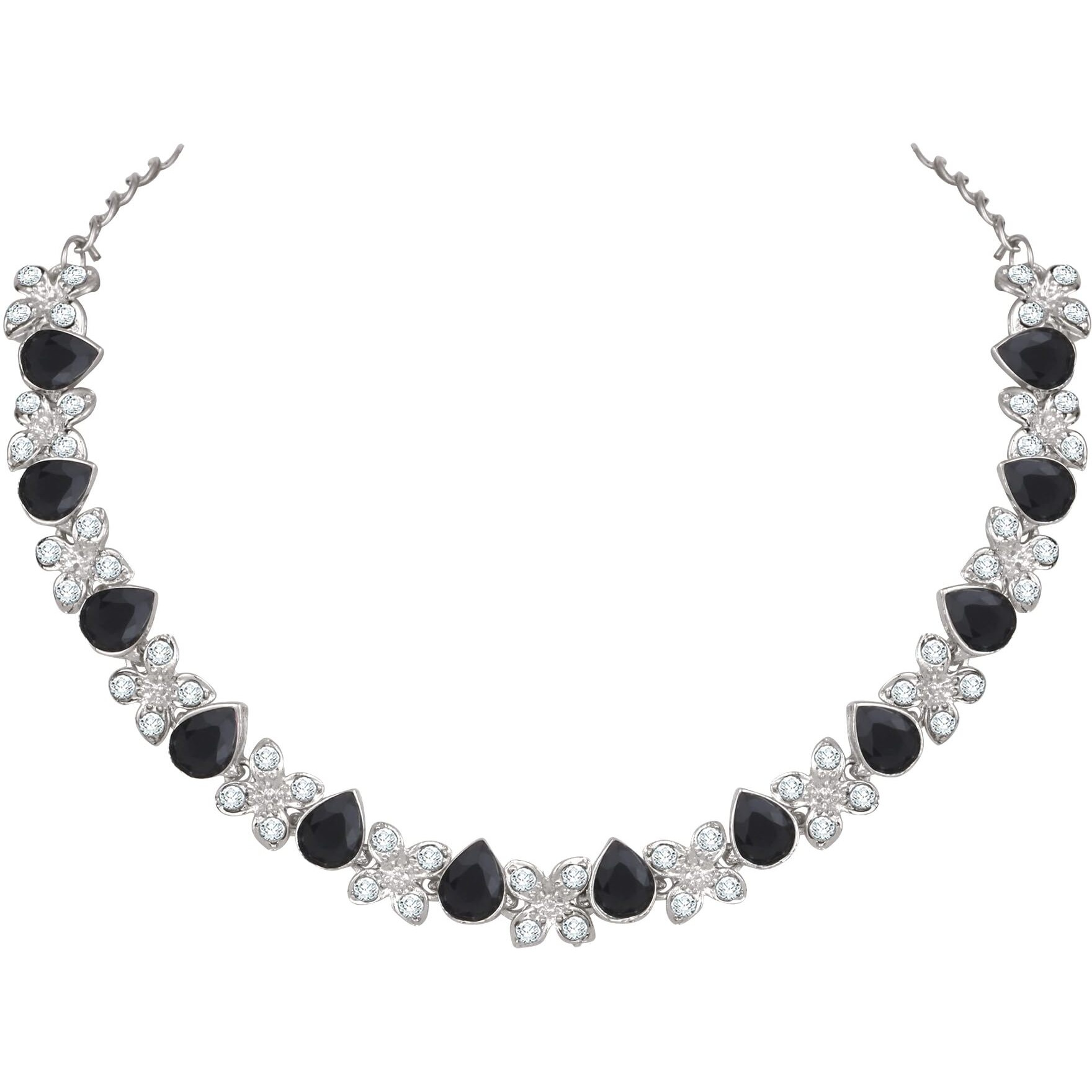 Atasi International Princess Style Silver Plated Black AD Crystals/Stones Necklace with Earrings Jewellery Set for Women/Girls - Wedding Jewelry/Party & Festival Accessories