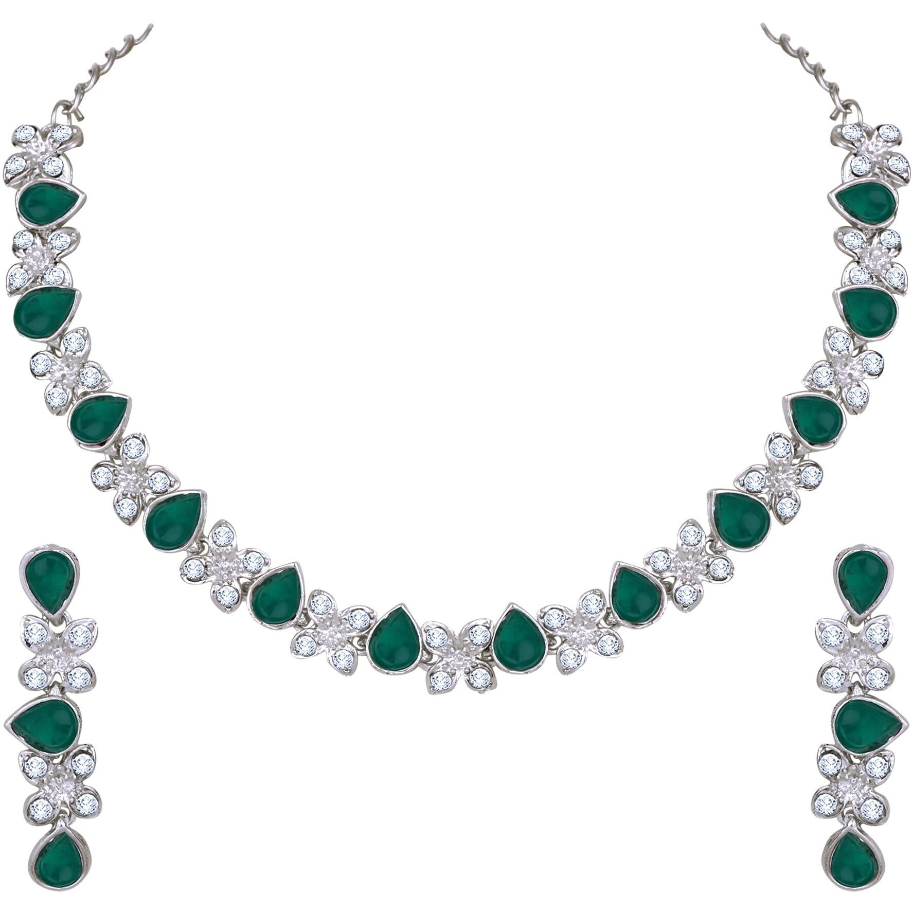 Atasi International Princess Style Silver Plated Green AD Crystals/Stones Necklace with Earrings Jewellery Set for Women/Girls - Wedding Jewelry/Party & Festival Accessories