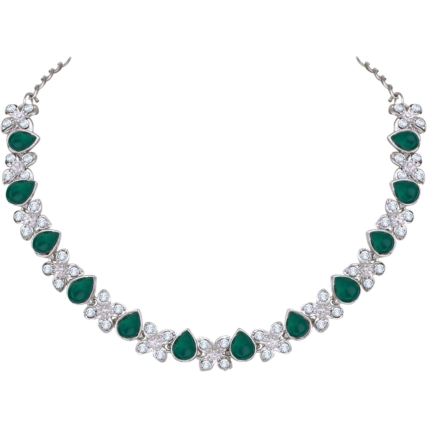 Atasi International Princess Style Silver Plated Green AD Crystals/Stones Necklace with Earrings Jewellery Set for Women/Girls - Wedding Jewelry/Party & Festival Accessories