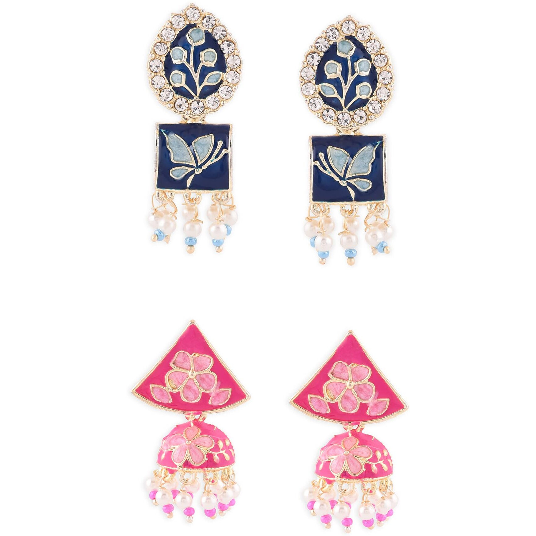 Zaveri Pearls Set of 2 Blue & Pink Meenakari Ethnic Jhumki Earrings For Women-ZPFK15114