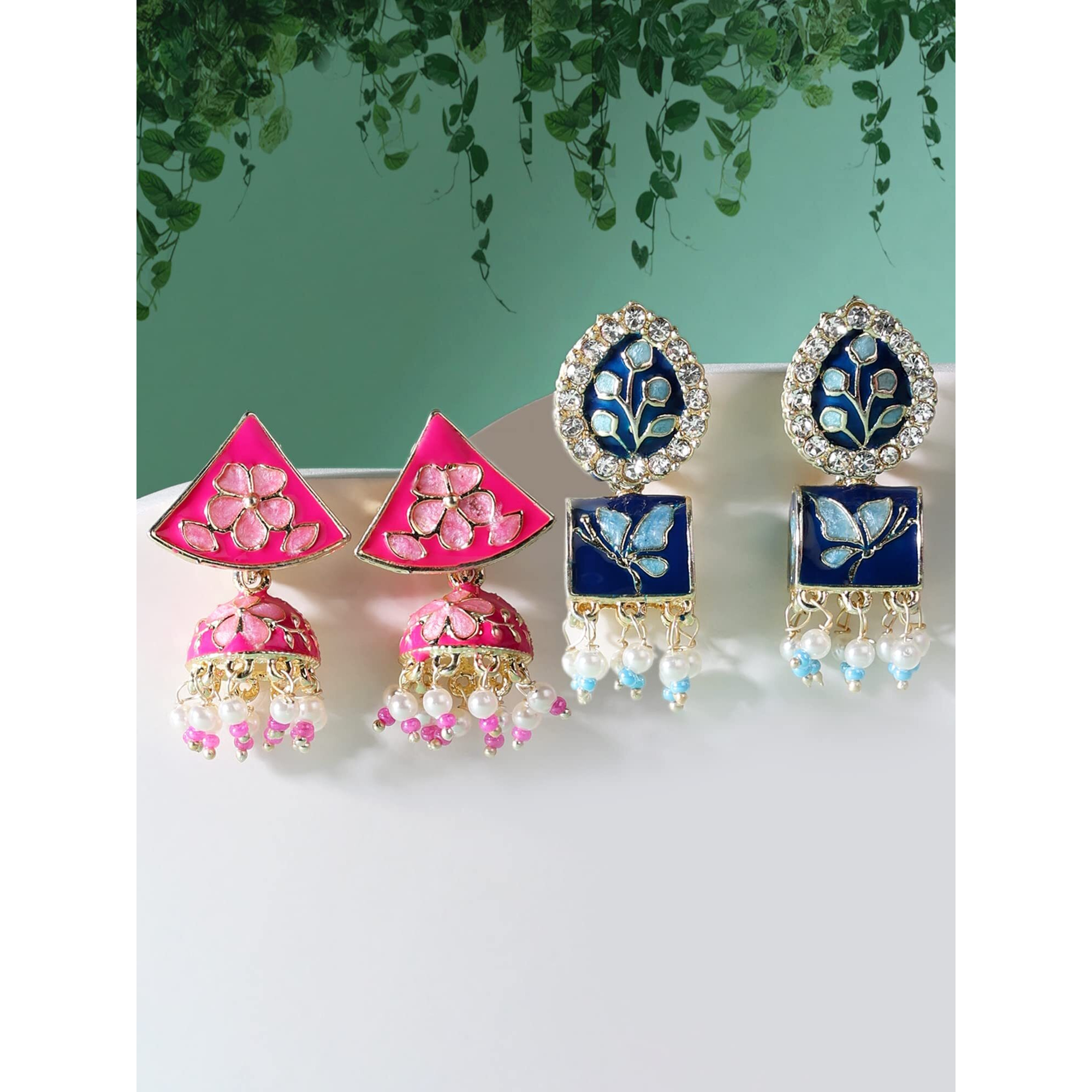 Zaveri Pearls Set of 2 Blue & Pink Meenakari Ethnic Jhumki Earrings For Women-ZPFK15114