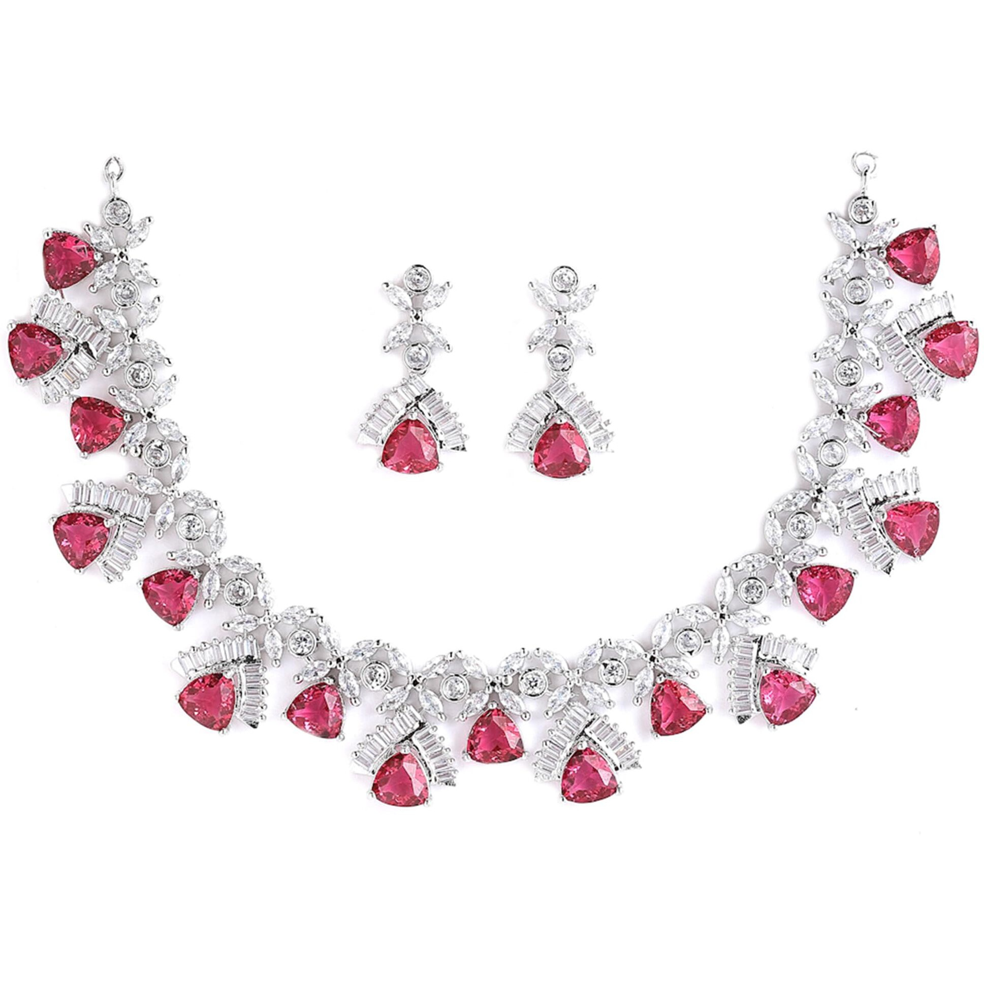 ZENEME Rhodium Plated Contemporary Design White and Pink American Diamond Studded Triangular Necklace With Earring Fashion Jewellery Set For Girls and Women (Red)