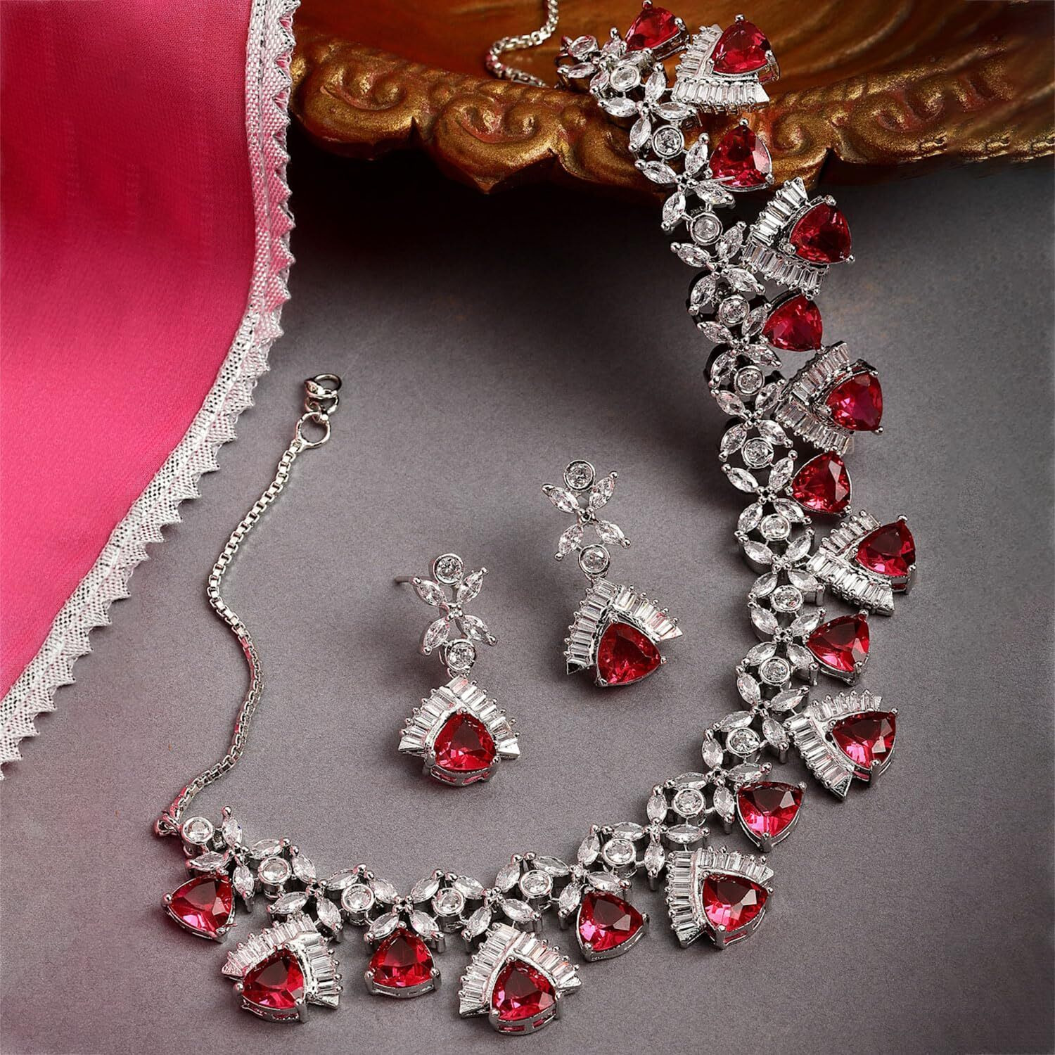 ZENEME Rhodium Plated Contemporary Design White and Pink American Diamond Studded Triangular Necklace With Earring Fashion Jewellery Set For Girls and Women (Red)