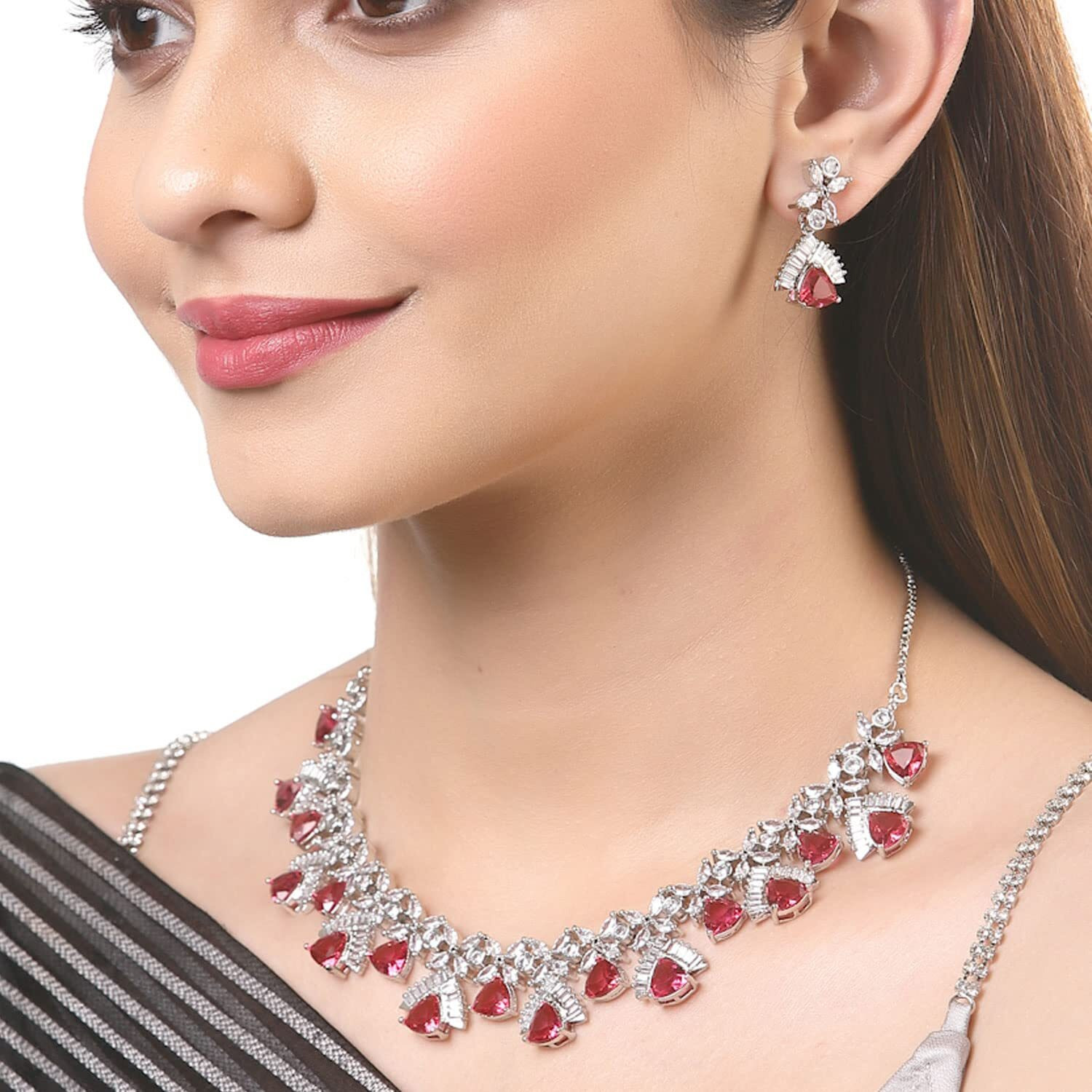 ZENEME Rhodium Plated Contemporary Design White and Pink American Diamond Studded Triangular Necklace With Earring Fashion Jewellery Set For Girls and Women (Red)