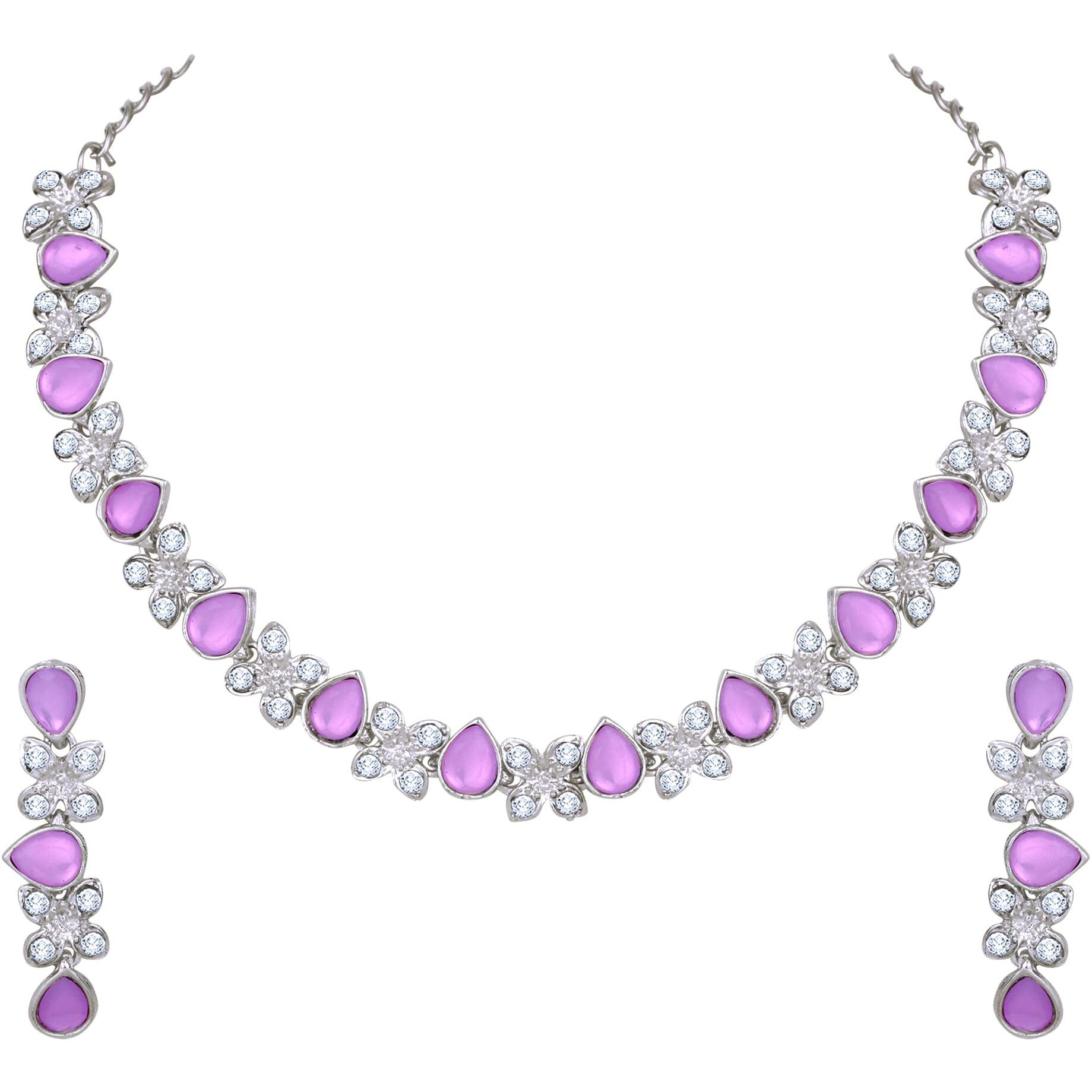 Atasi International Princess Style Silver Plated Purple AD Crystals/Stones Necklace with Earrings Jewellery Set for Women/Girls - Wedding Jewelry/Party & Festival Accessories
