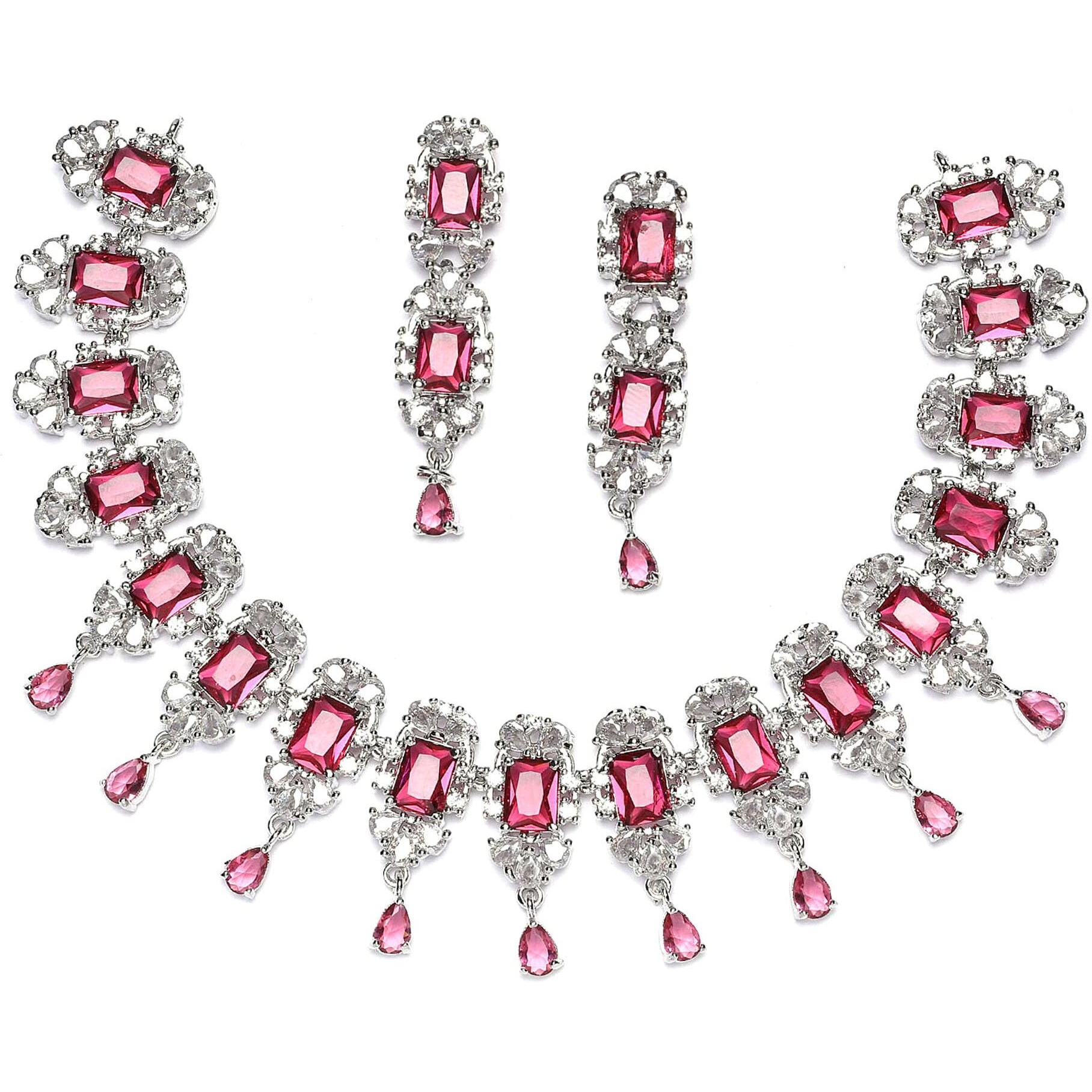 ZENEME Rhodium Plated Square Shaped Silver Toned American Diamond Stone Studded Necklace With Earring Jewellery Set For Women and Girl (Red)