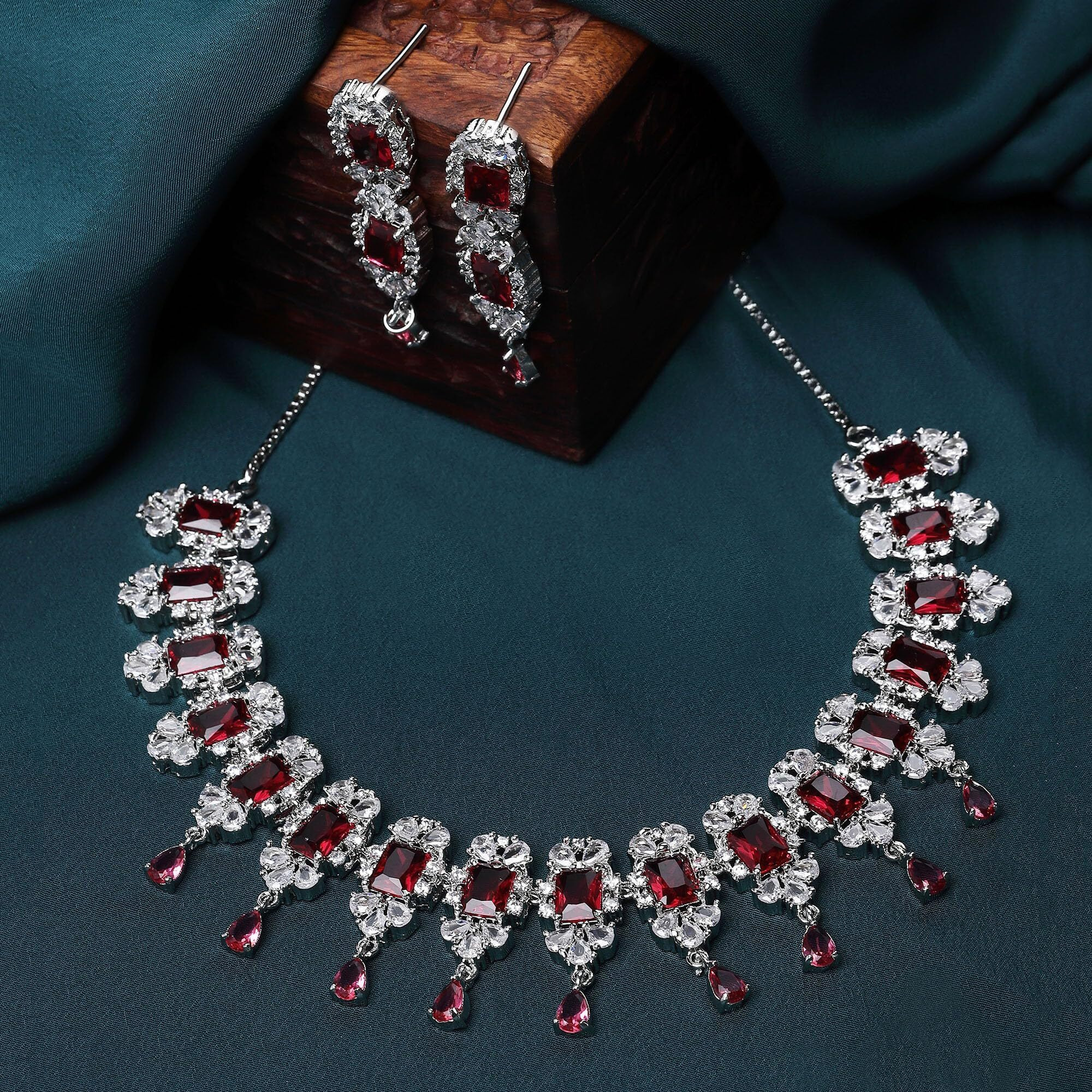 ZENEME Rhodium Plated Square Shaped Silver Toned American Diamond Stone Studded Necklace With Earring Jewellery Set For Women and Girl (Red)