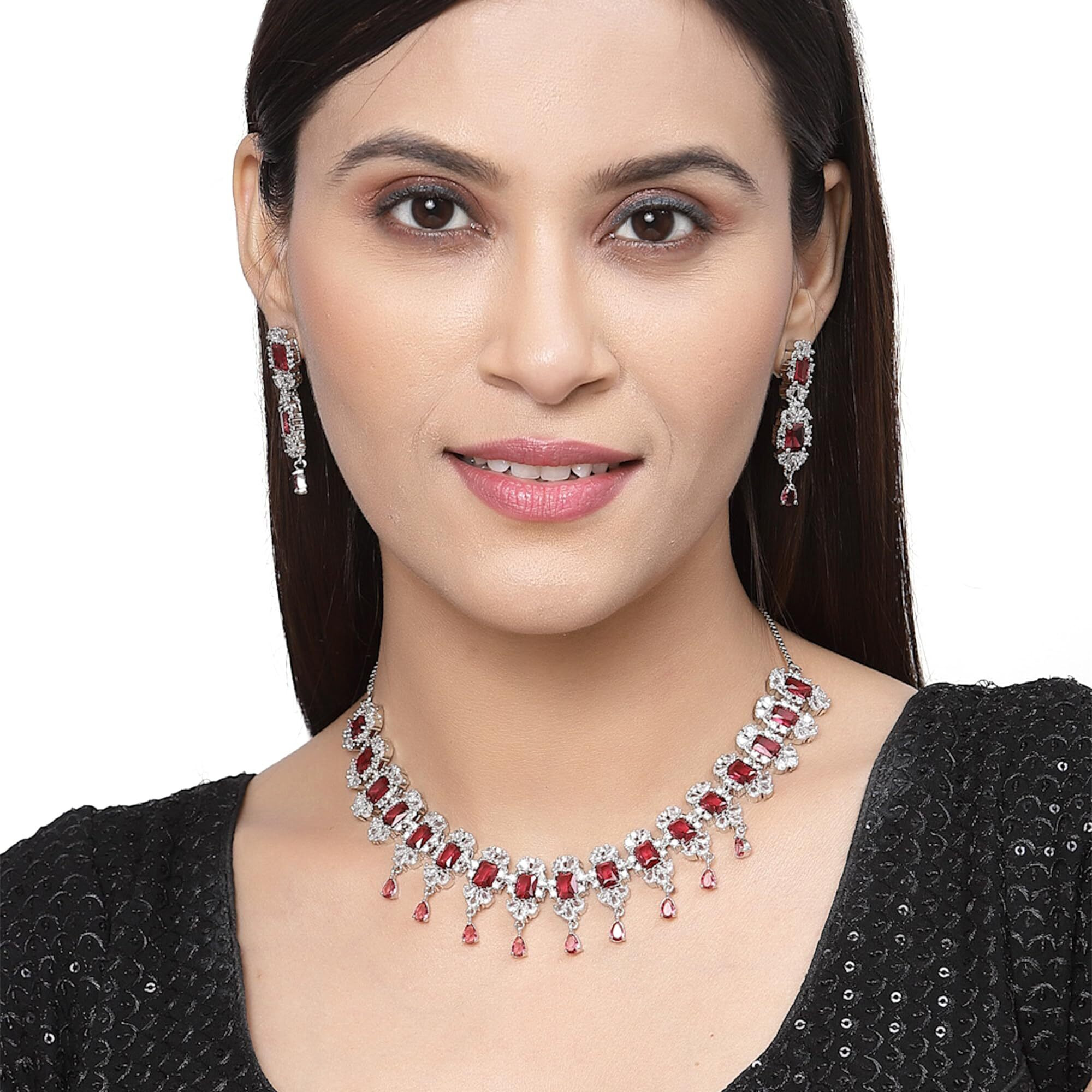 ZENEME Rhodium Plated Square Shaped Silver Toned American Diamond Stone Studded Necklace With Earring Jewellery Set For Women and Girl (Red)
