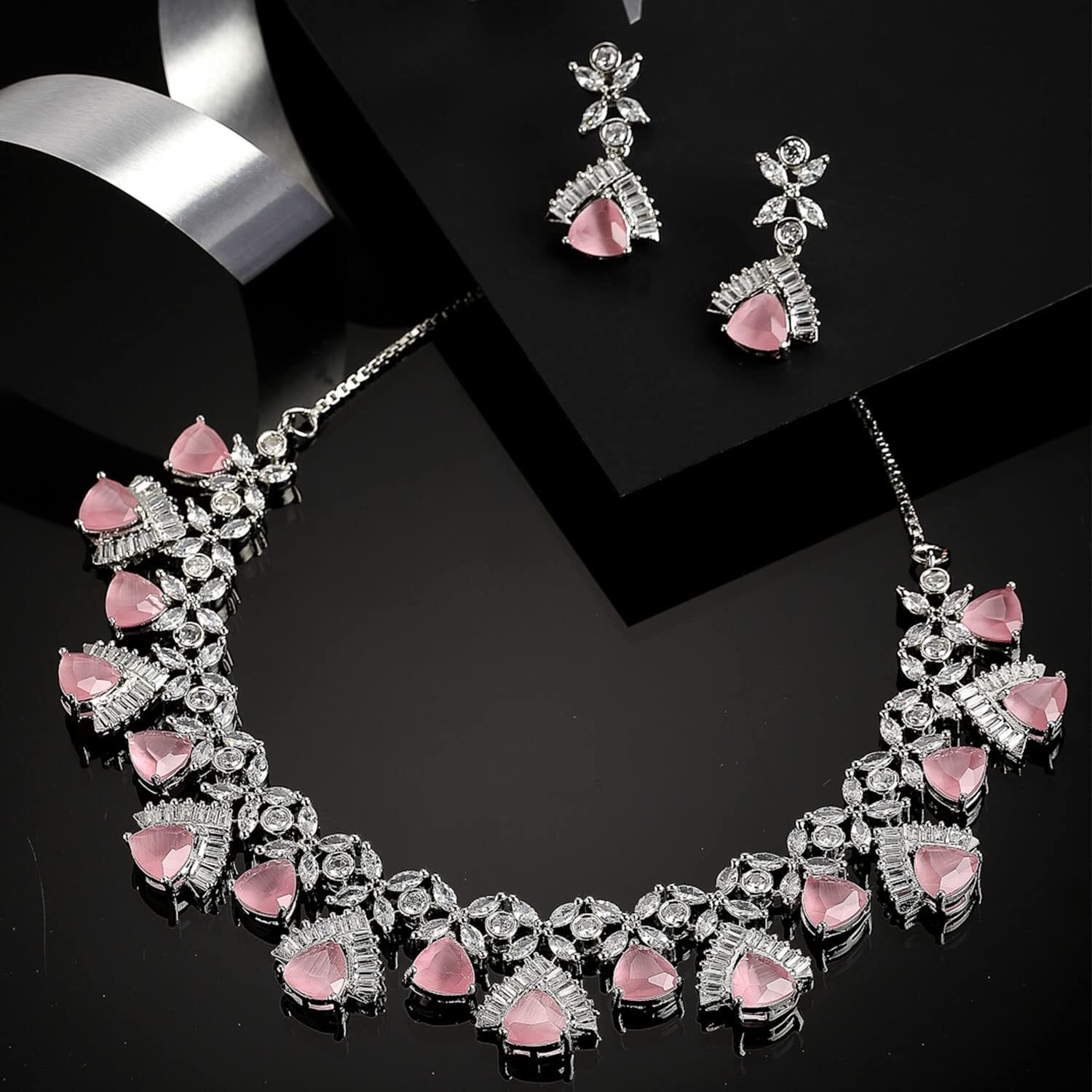 ZENEME Rhodium Plated Contemporary Design White and Pink American Diamond Studded Triangular Necklace With Earring Fashion Jewellery Set For Girls and Women (Pink)