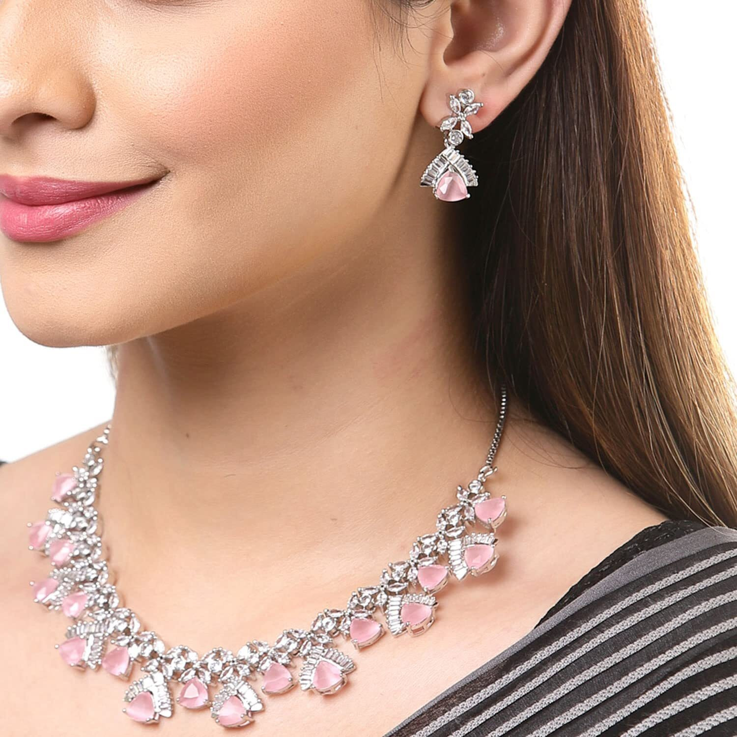 ZENEME Rhodium Plated Contemporary Design White and Pink American Diamond Studded Triangular Necklace With Earring Fashion Jewellery Set For Girls and Women (Pink)