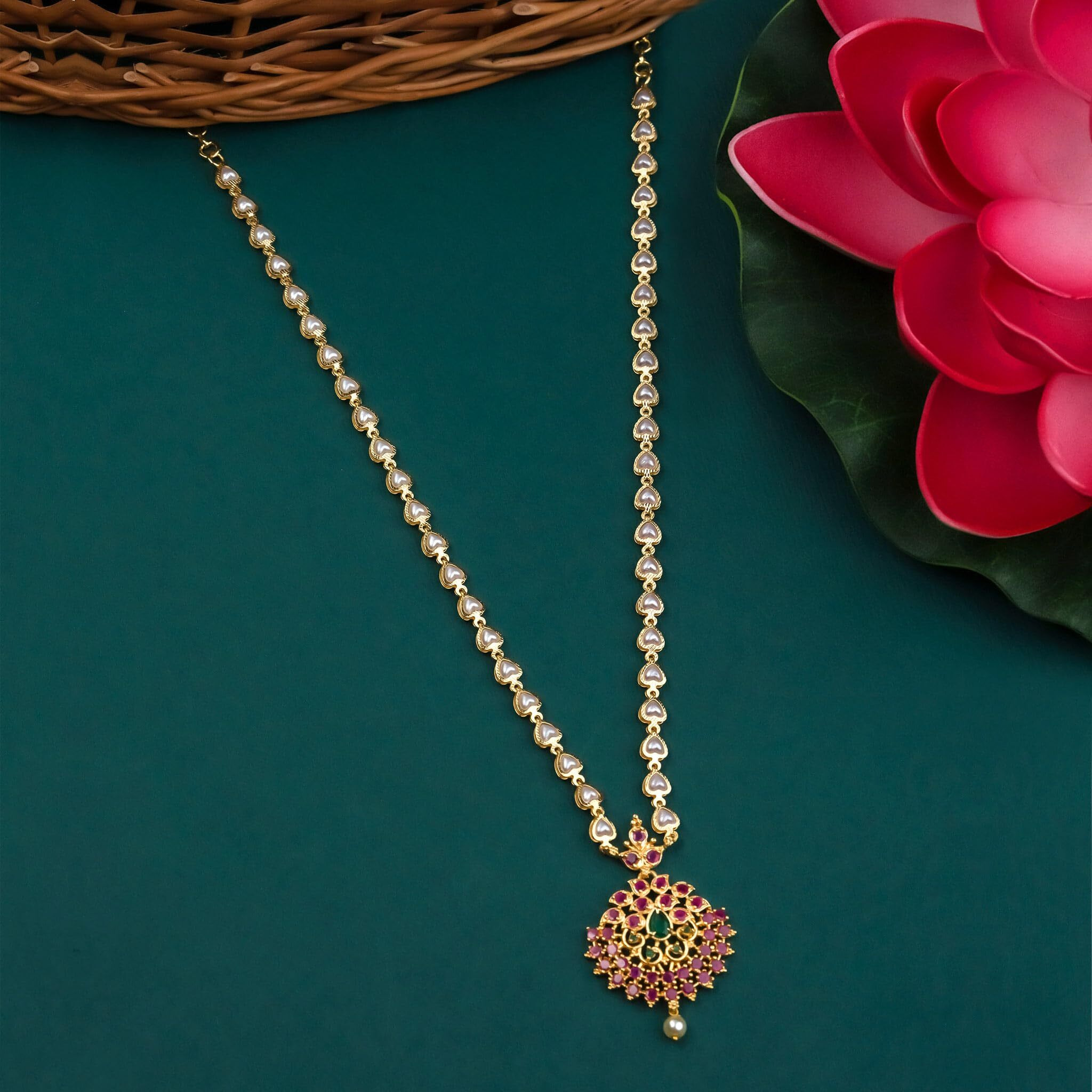 Sasitrends 1 Gram Micro Gold Plated Pearl Chain Pendant Necklace For Women And Girls