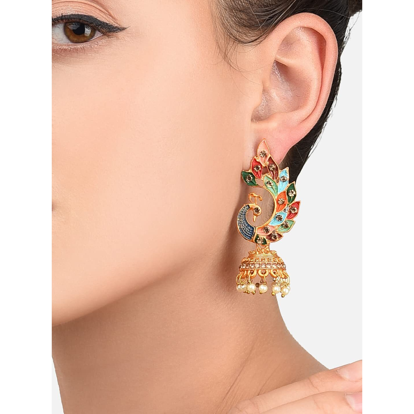 ZAVERI PEARLS Womens 22K Gold Plated Metal Peacock Design Jhumki Earring (Multicolour, ZPFK8775)