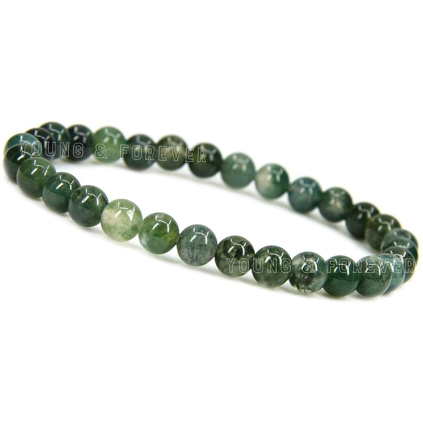 Young & Forever Gift Certified Reiki Crystal Semi Precious Gemstone Moss Agate Bracelet Growth and Abundance Energy Healing Stone Stretch Bracelet for Men and Women