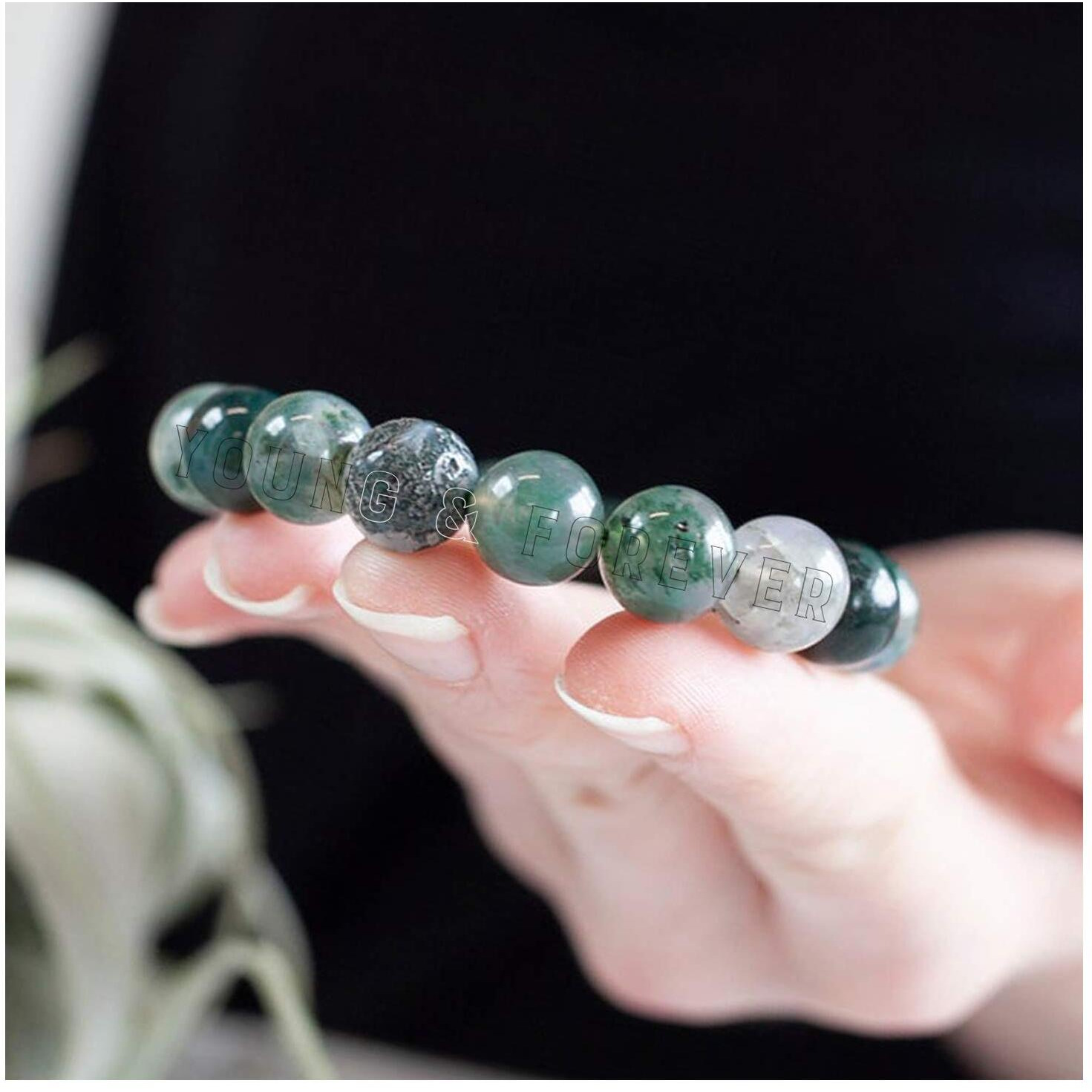 Young & Forever Gift Certified Reiki Crystal Semi Precious Gemstone Moss Agate Bracelet Growth and Abundance Energy Healing Stone Stretch Bracelet for Men and Women