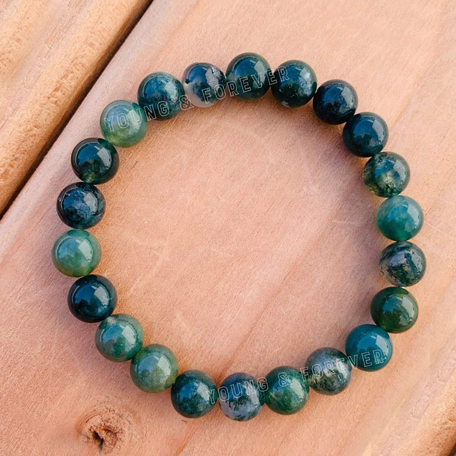 Young & Forever Gift Certified Reiki Crystal Semi Precious Gemstone Moss Agate Bracelet Growth and Abundance Energy Healing Stone Stretch Bracelet for Men and Women