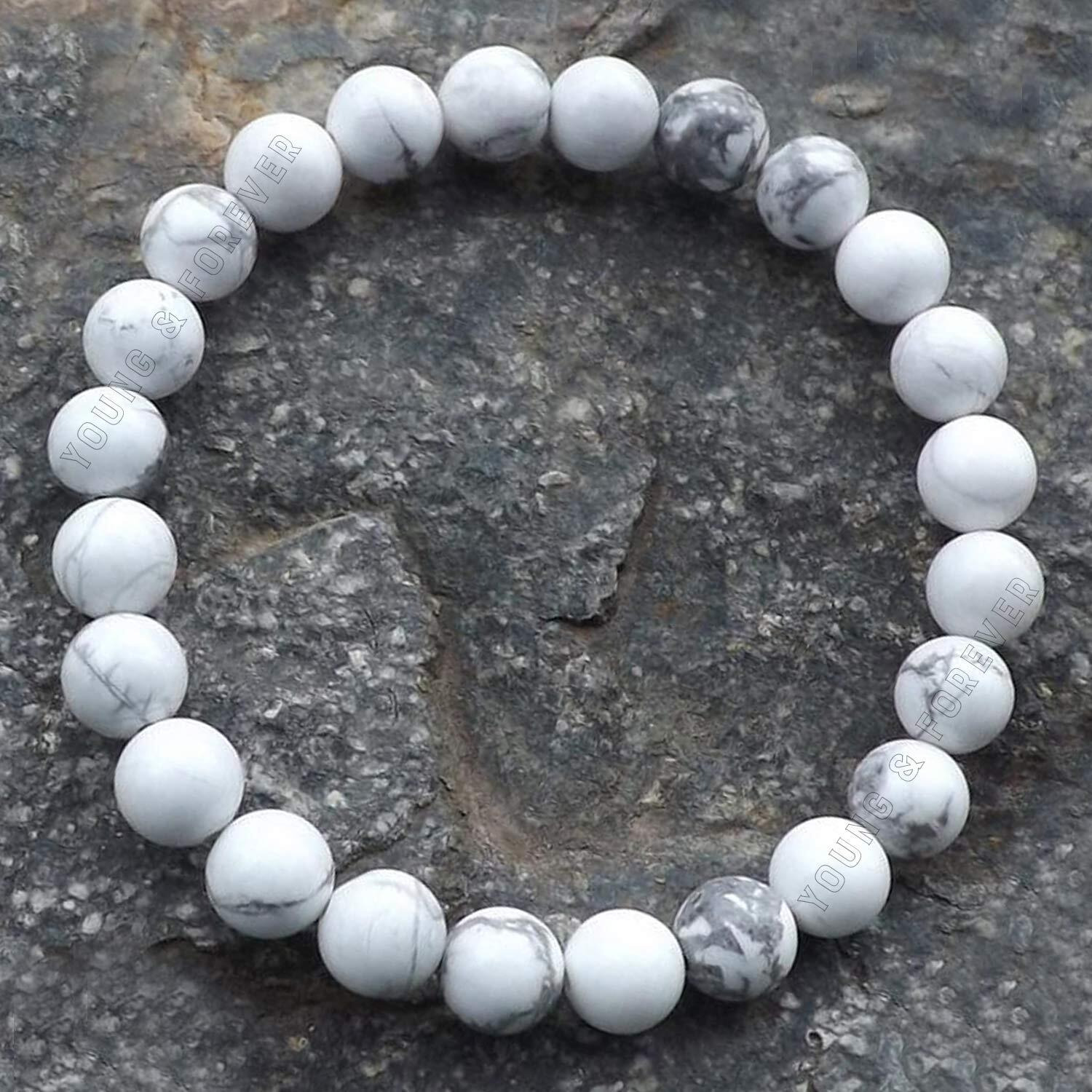 Young & Forever Gift Certified Reiki Crystal Semi Precious Gemstone Howlite Bracelet Calming Healing Stone Stretch Bracelet for Men and Women