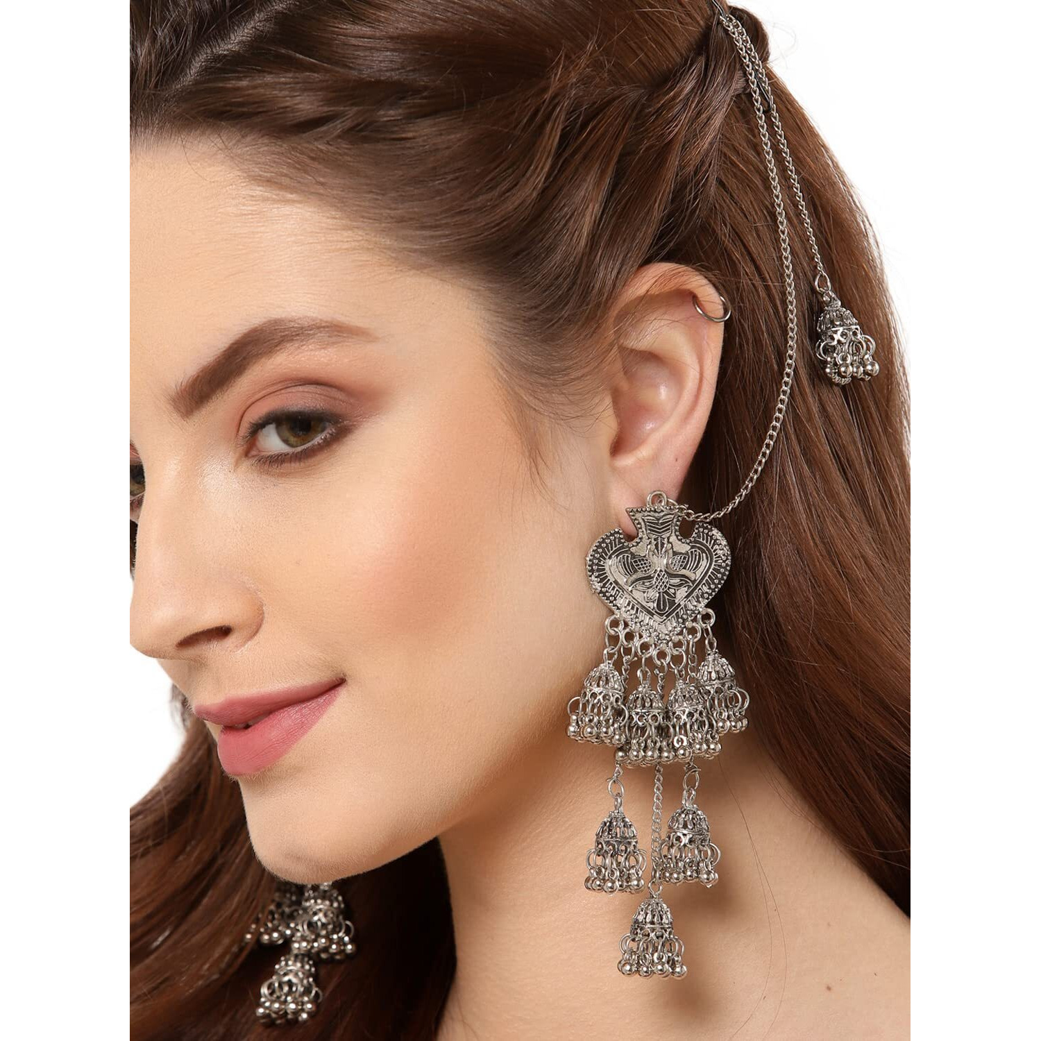 Shining Diva Fashion Latest Stylish Oxidised Chain Jhumka Earrings for Women and Girls (13190er)